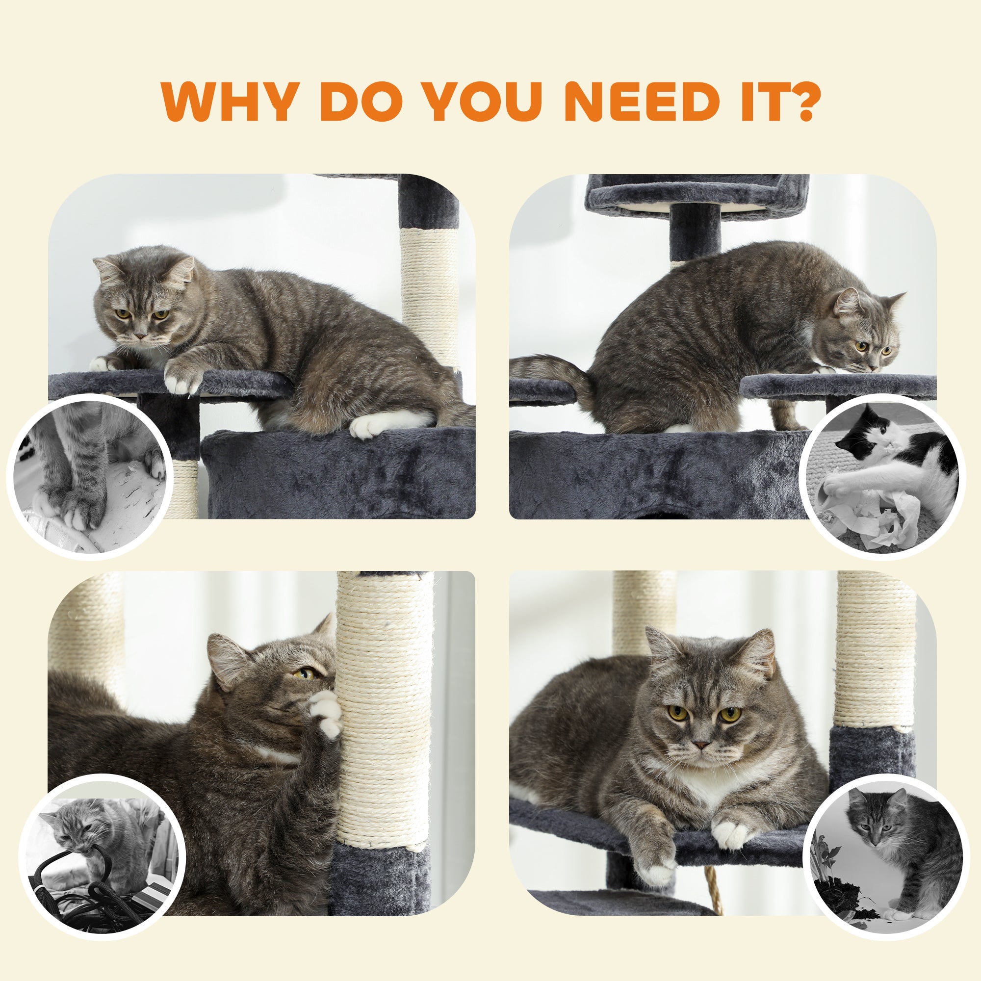 79" Cat Tree Tower, Large Cat Condo Furniture, Multi-Level Cat Tower with Scratching Posts, Cozy Hammock, Dangling Balls - Dark Grey