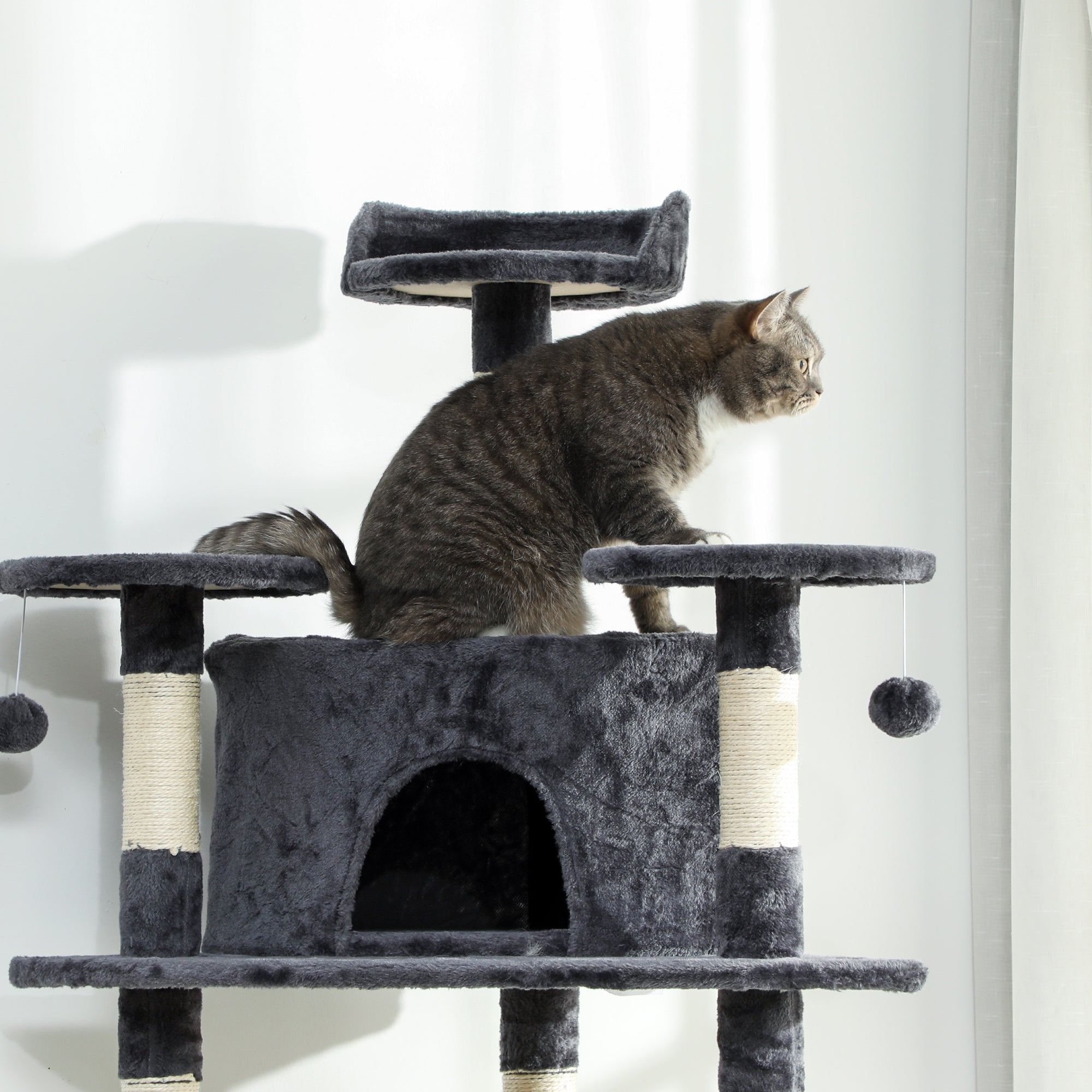 79" Cat Tree Tower, Large Cat Condo Furniture, Multi-Level Cat Tower with Scratching Posts, Cozy Hammock, Dangling Balls - Dark Grey