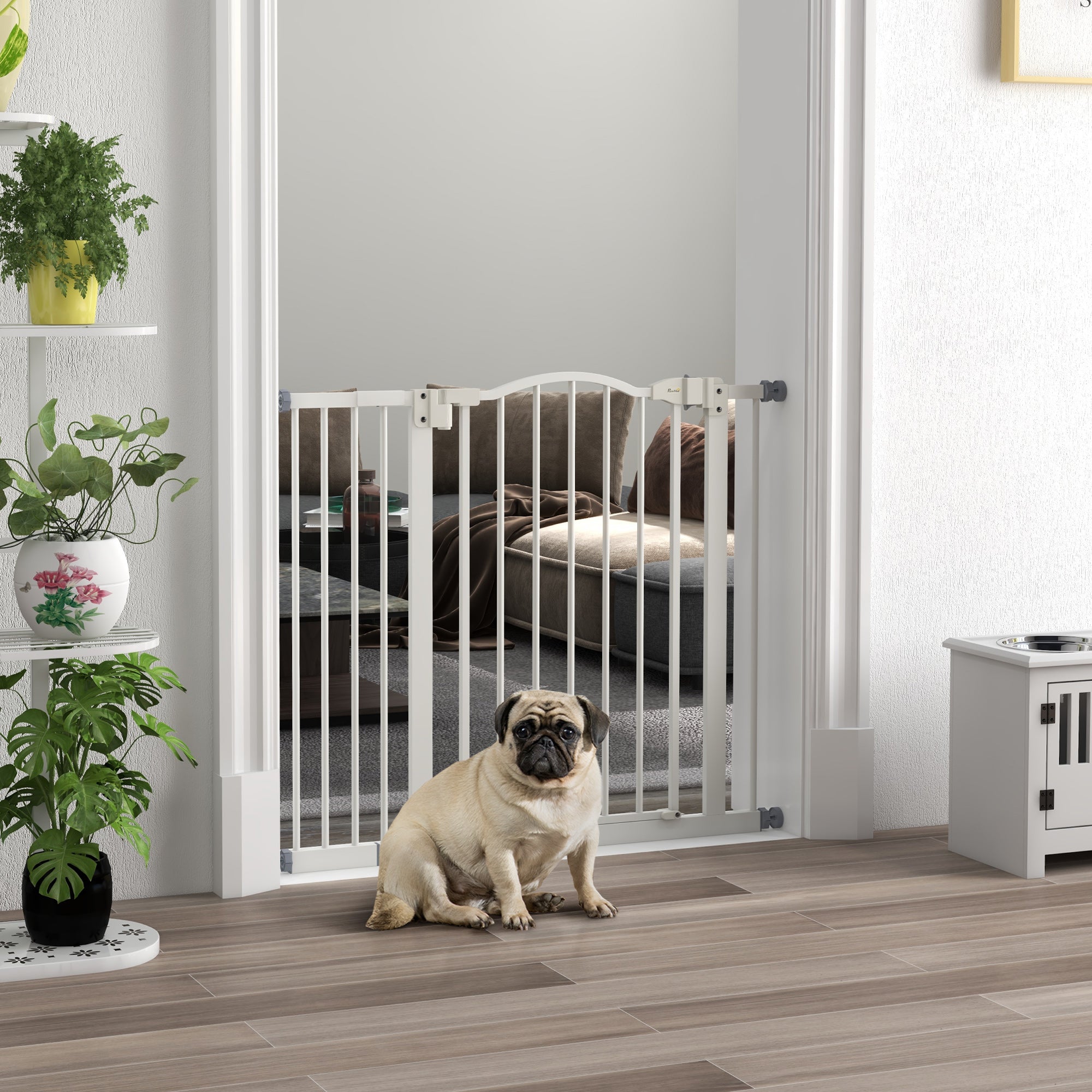 29"-37" Wide Dog Gate with Door, Pressure Fit, Auto Close, Double Locking for Doorways Hallways Stairs, 31" Tall, White
