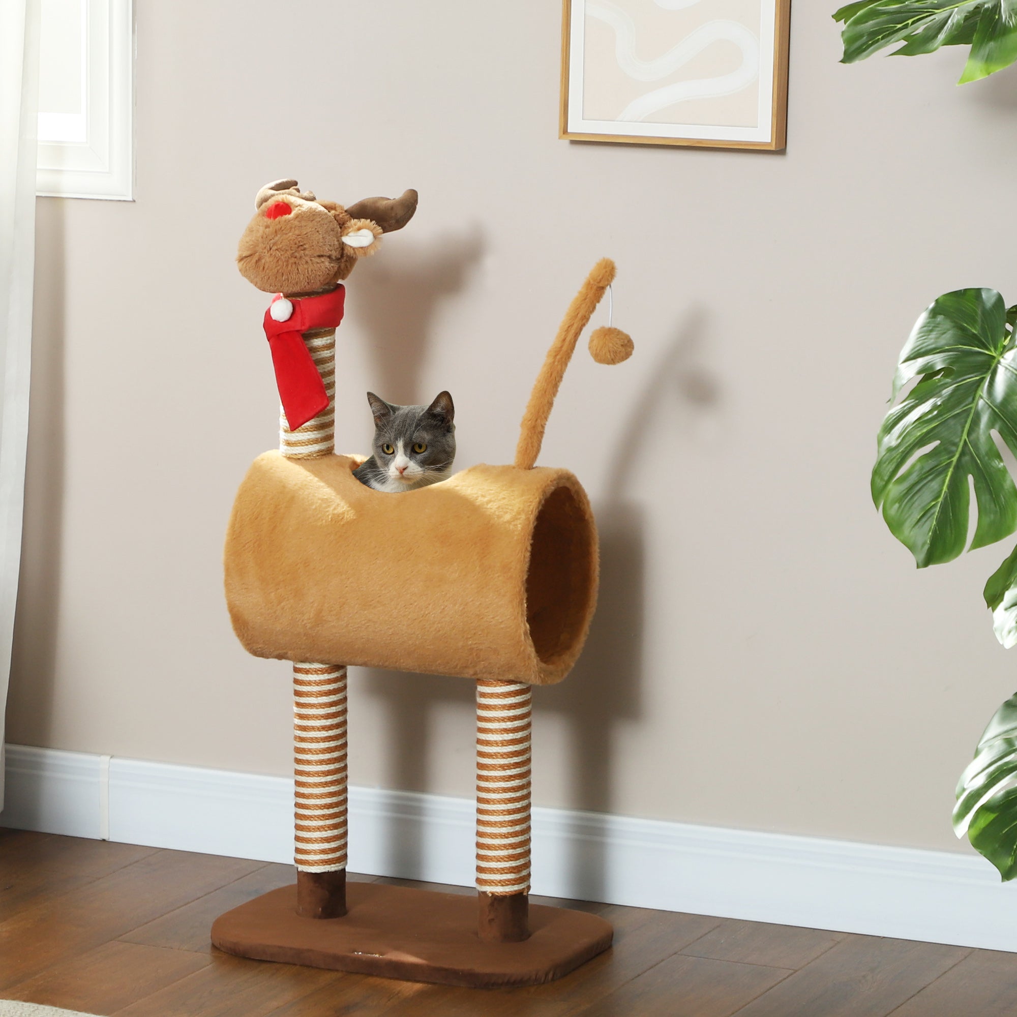 Cat Tree, 98cm Deer-Designed Cat Tower for Indoor Cats, Kittens, with Scratching Posts, Toy Ball, Tunnel, Brown