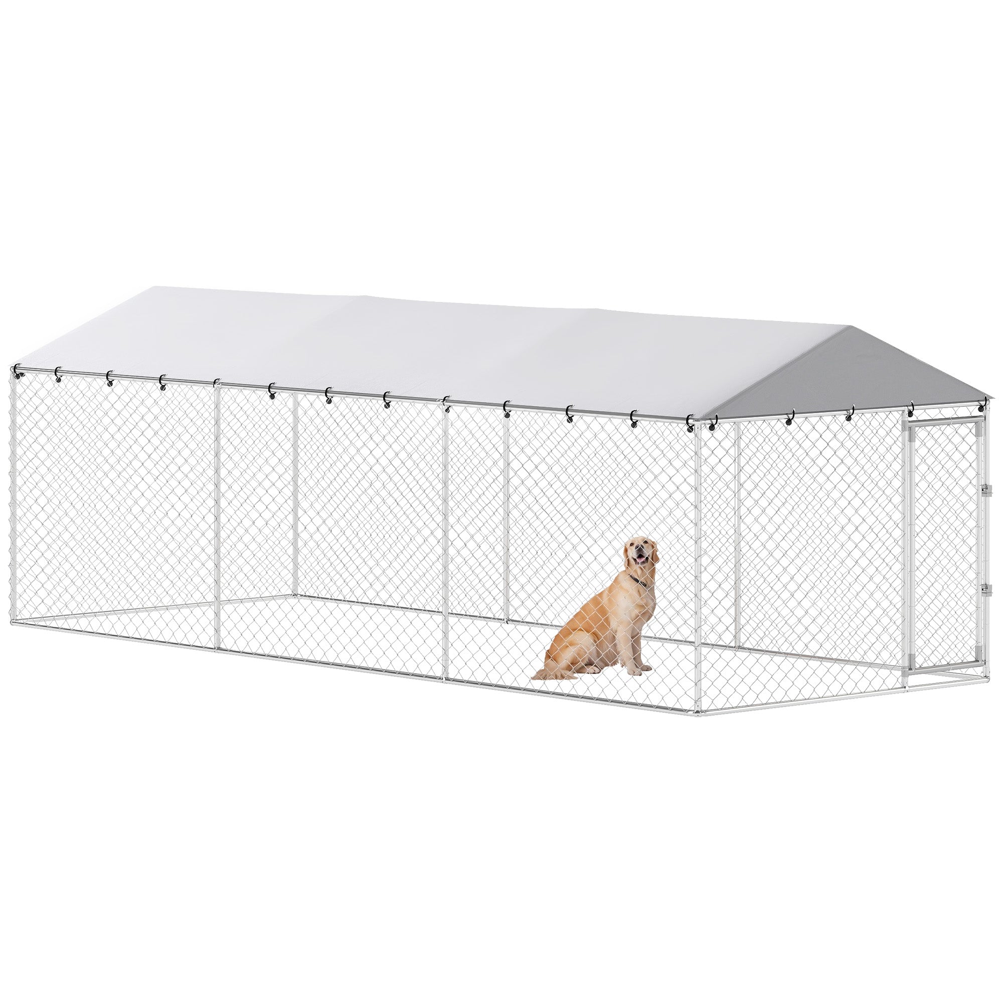 Outdoor Dog Kennel, Heavy Duty Dog Run Outdoor Fence with Waterproof Cover, Galvanized Chain Link, Double Secure Locks, for Large Breeds, Chickens, Ducks, 20' x 7.5' x 5'