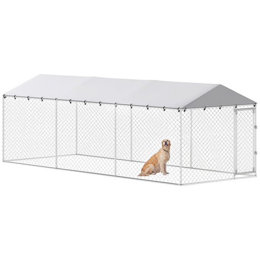 Outdoor Dog Kennel, Heavy Duty Dog Run Outdoor Fence with Waterproof Cover, Galvanized Chain Link, Double Secure Locks, for Large Breeds, Chickens, Ducks, 20' x 7.5' x 5'