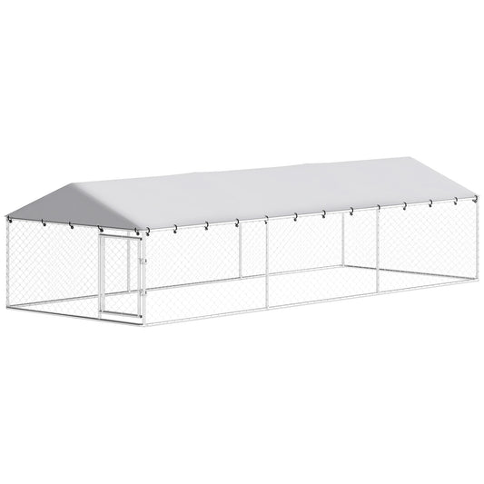 Outdoor Dog Kennel, Heavy Duty Dog Run Outdoor Fence with Waterproof Cover, Galvanized Chain Link, Double Secure Locks, for Large Breeds, Chickens, Ducks, 20' x 7.5' x 5'