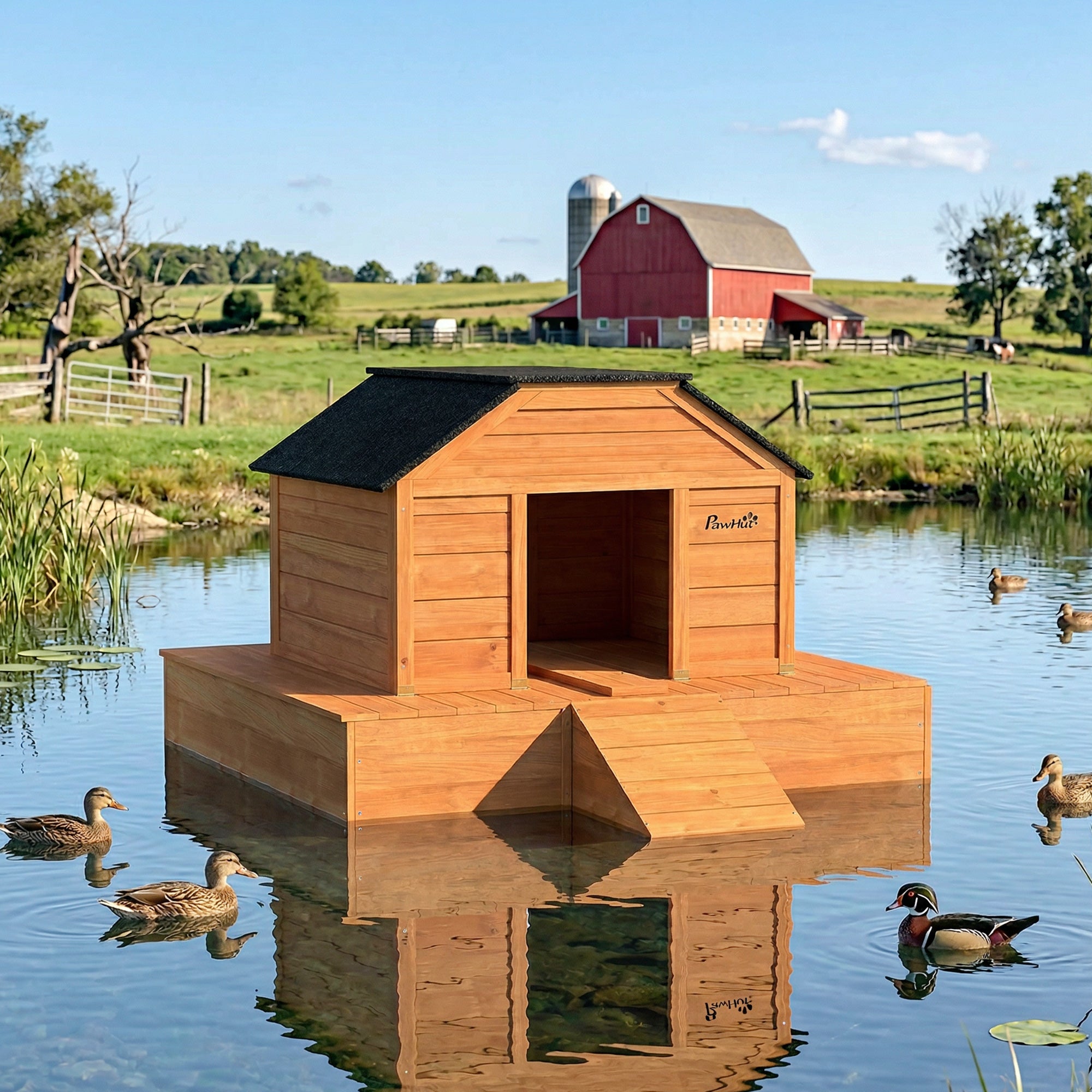 Floating Duck Coop, Wooden Duck House with Ramp and Waterproof Asphalt Roof, Small Animal House with Dual Openings for 1-2 Poultry, Small Geese, 66" x 43" x 28", Orange