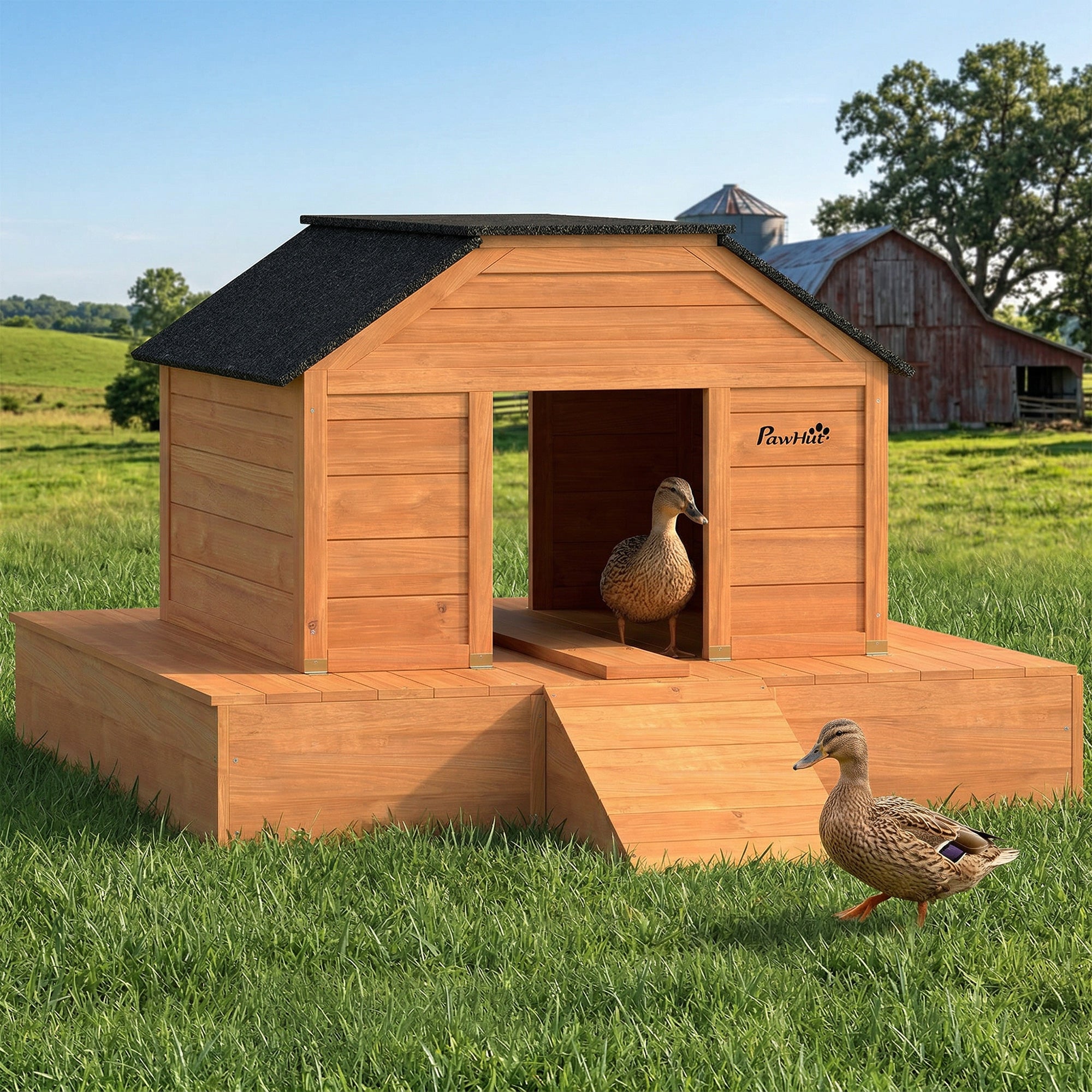 Floating Duck Coop, Wooden Duck House with Ramp and Waterproof Asphalt Roof, Small Animal House with Dual Openings for 1-2 Poultry, Small Geese, 66" x 43" x 28", Orange