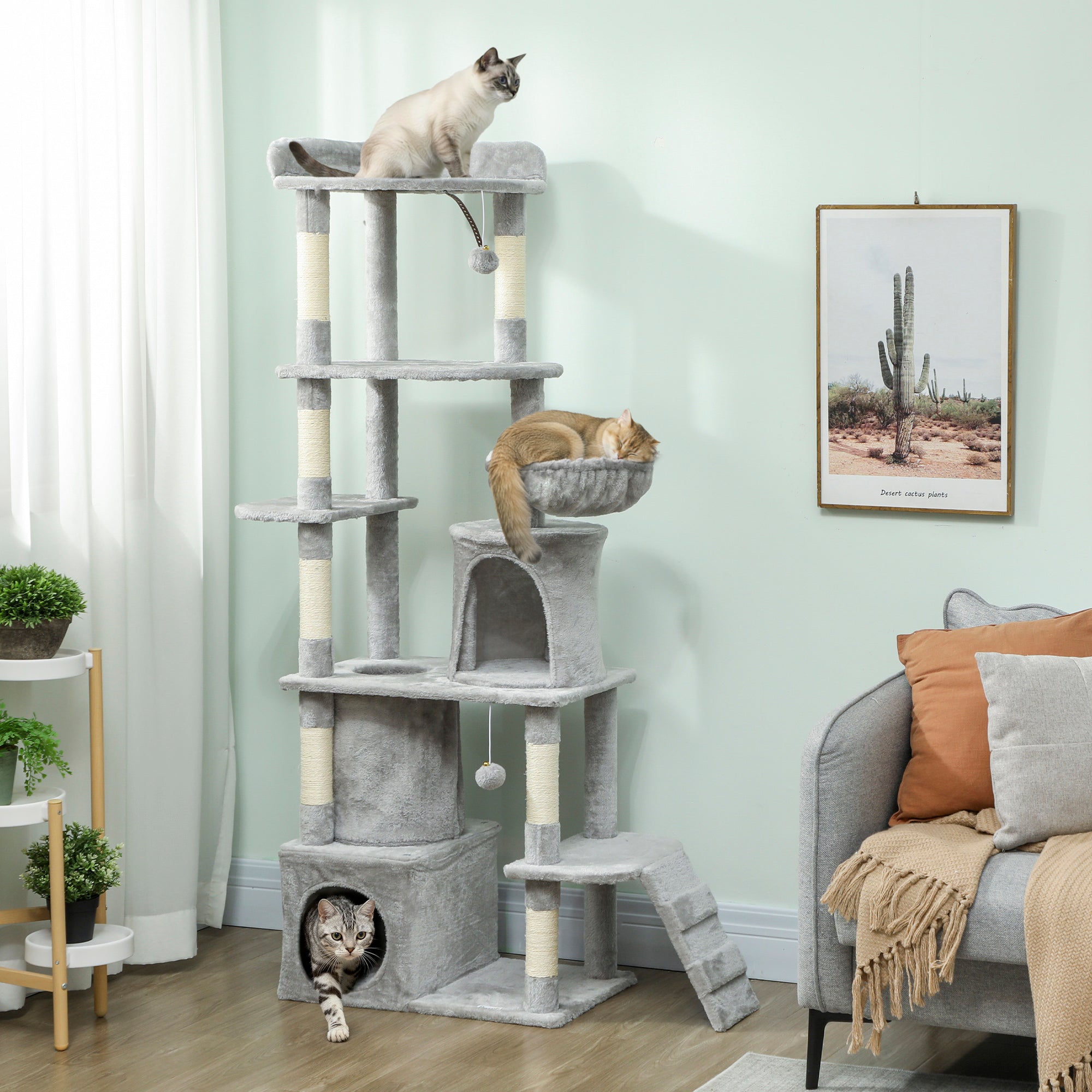 Cat Tree, 67" Large Cat Tower for Indoor Kittens Multi-Level with 7 Scratching Posts, Tunnel, 2 Plush Condos, Hammock, Perch, Ramp, Pompoms, Light Grey