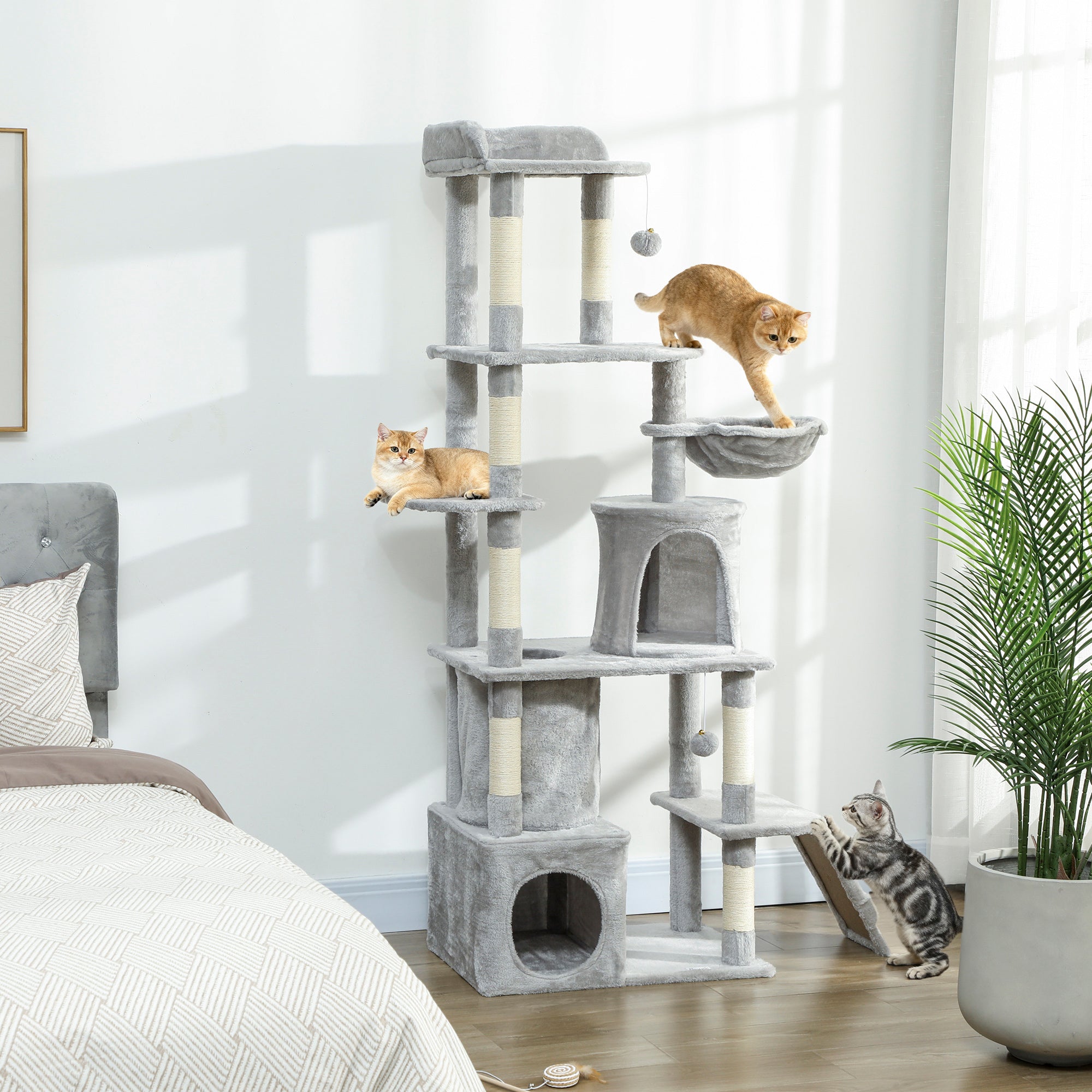 Cat Tree, 67" Large Cat Tower for Indoor Kittens Multi-Level with 7 Scratching Posts, Tunnel, 2 Plush Condos, Hammock, Perch, Ramp, Pompoms, Light Grey