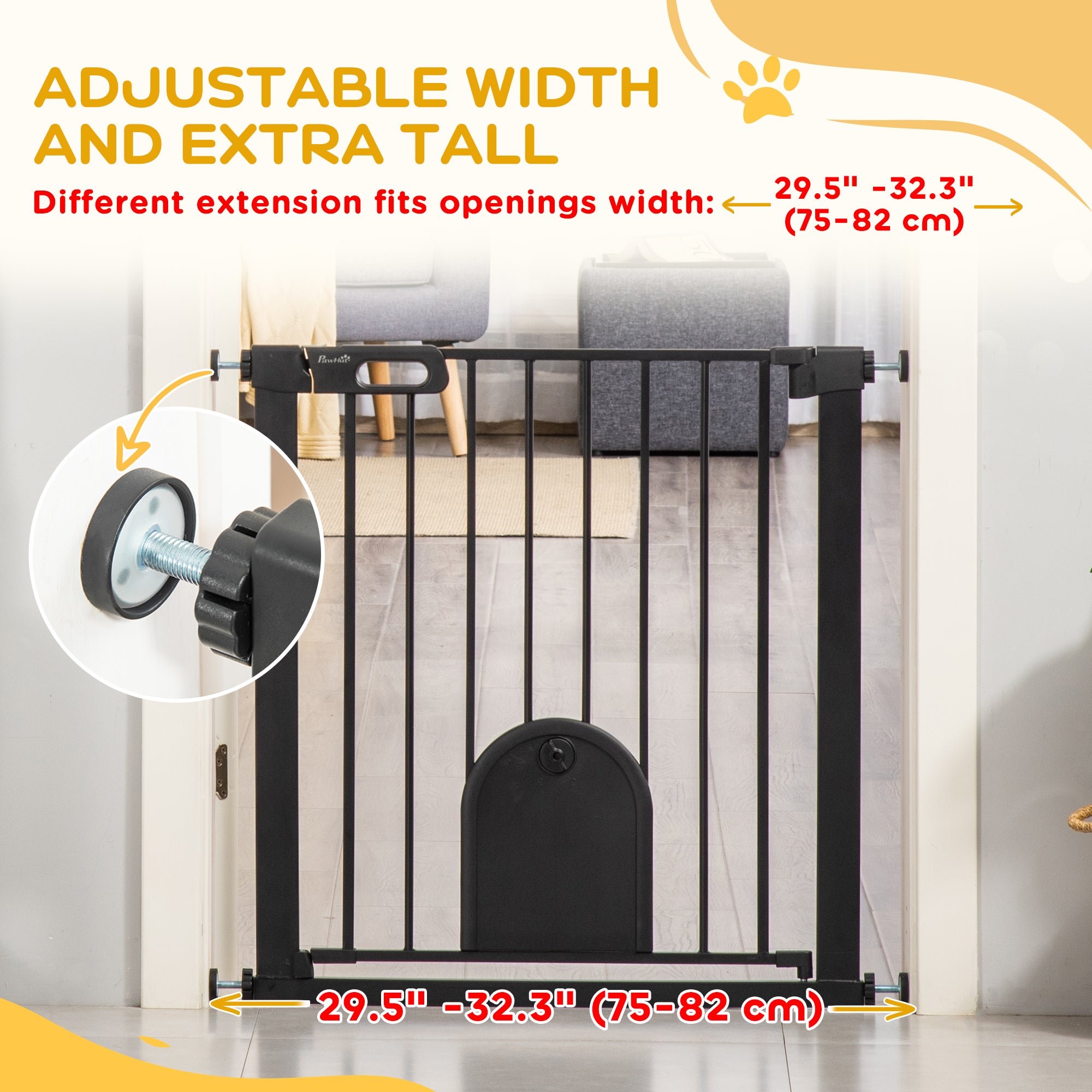 30"-32" Extra Wide Pet Gate with Small Door, 30"H Dog Gate with Safety Gate Barrier, Stair Pressure Fit, Auto Close, Double Locking, for Doorways, Hallways, Black
