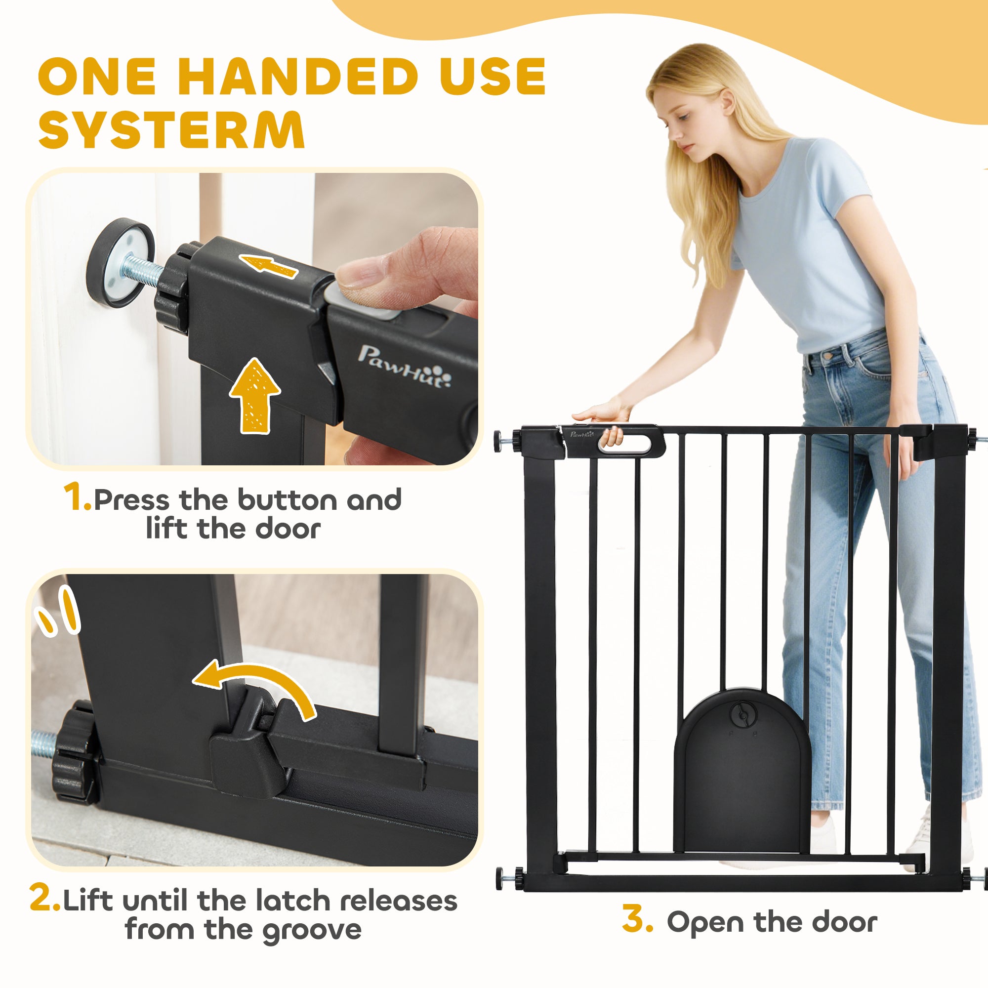 30"-32" Extra Wide Pet Gate with Small Door, 30"H Dog Gate with Safety Gate Barrier, Stair Pressure Fit, Auto Close, Double Locking, for Doorways, Hallways, Black