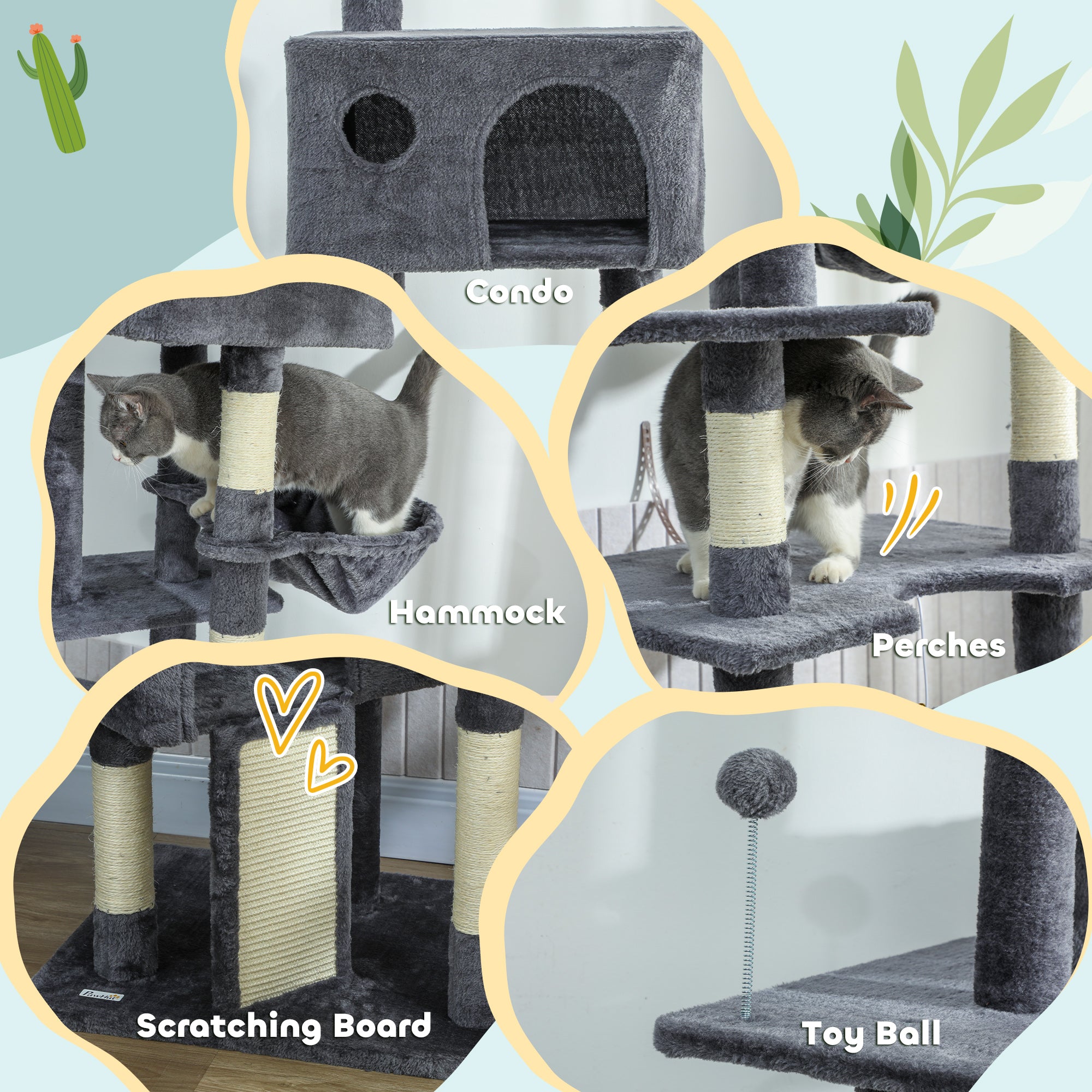 Floor to Ceiling Cat Tree, 230-250cm Adjustable Tall Cat Climbing Tower with 2 Condos, Hammock and Sisal Scratching Posts, for Indoor, Multi-Level Activity Centre, Dark Grey