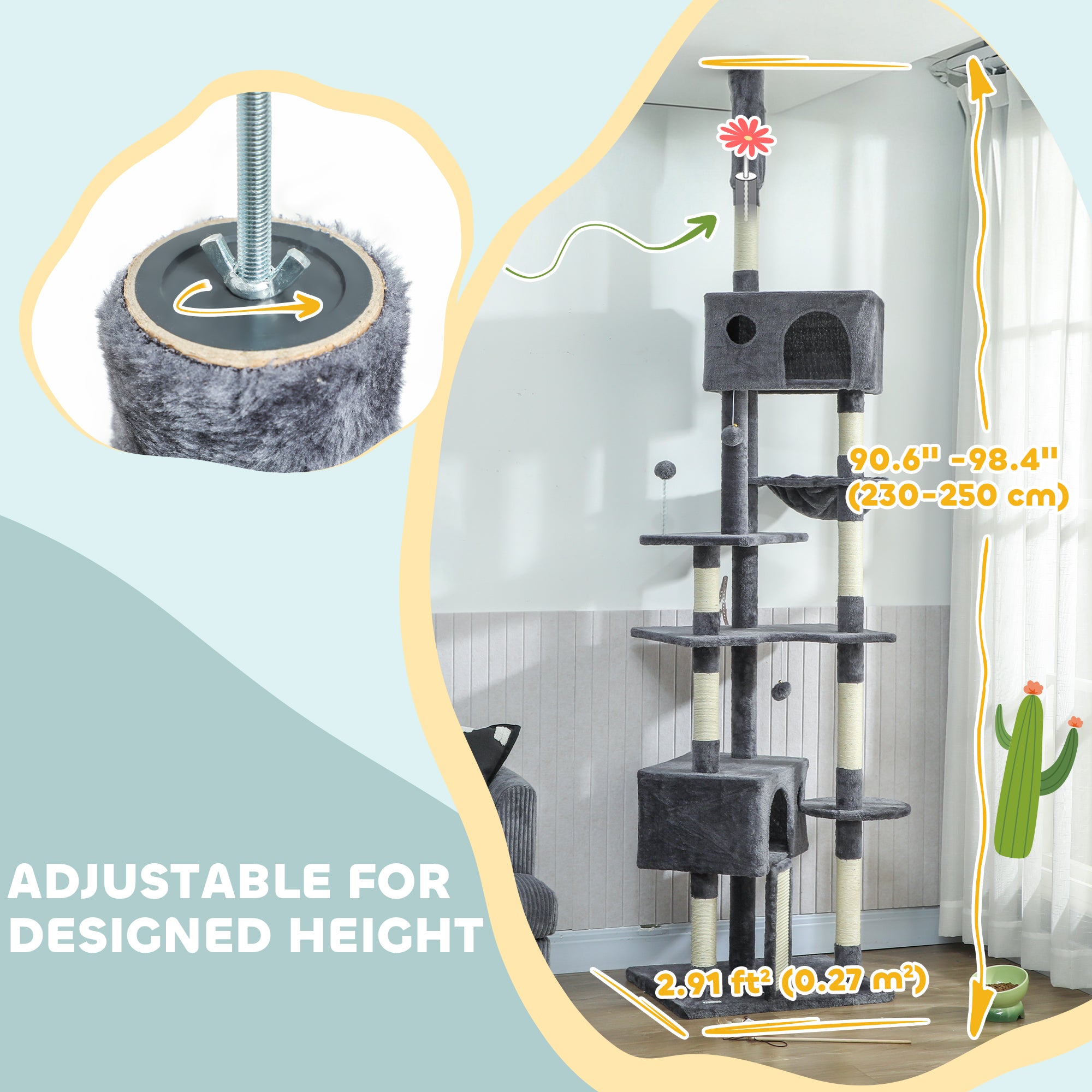 Floor to Ceiling Cat Tree, 230-250cm Adjustable Tall Cat Climbing Tower with 2 Condos, Hammock and Sisal Scratching Posts, for Indoor, Multi-Level Activity Centre, Dark Grey