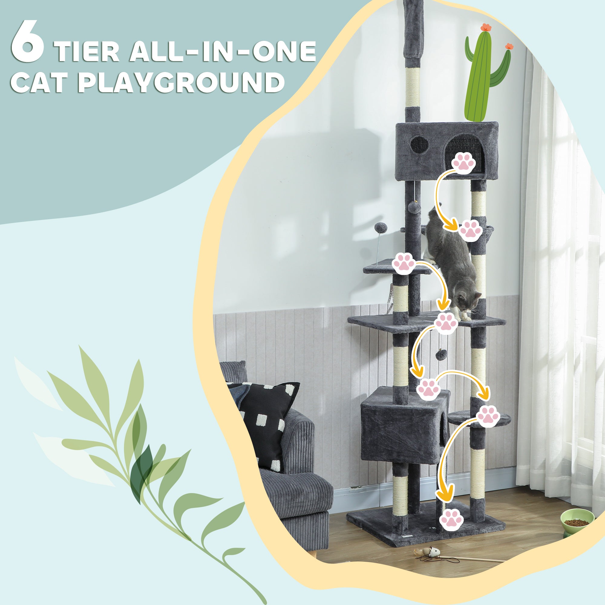Floor to Ceiling Cat Tree, 230-250cm Adjustable Tall Cat Climbing Tower with 2 Condos, Hammock and Sisal Scratching Posts, for Indoor, Multi-Level Activity Centre, Dark Grey