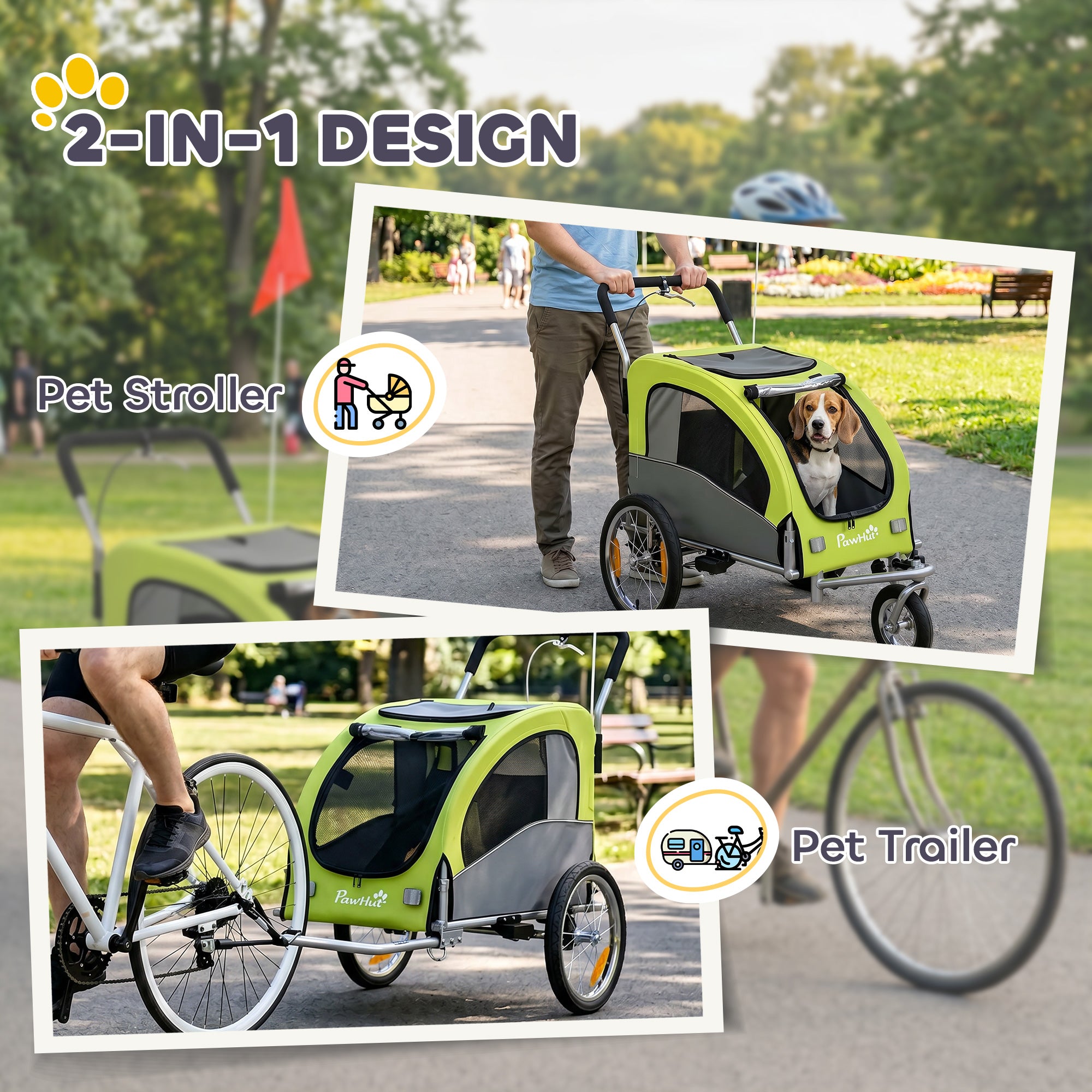 2 in 1 Dog Bike Trailer, Dog Stroller, Foldable Pet Bicycle Trailer Wagon with Suspension, 600D Oxford Fabric, Reflectors, Handbrake, Universal Hitch Coupler, for Medium Dogs up to 20kg, Green