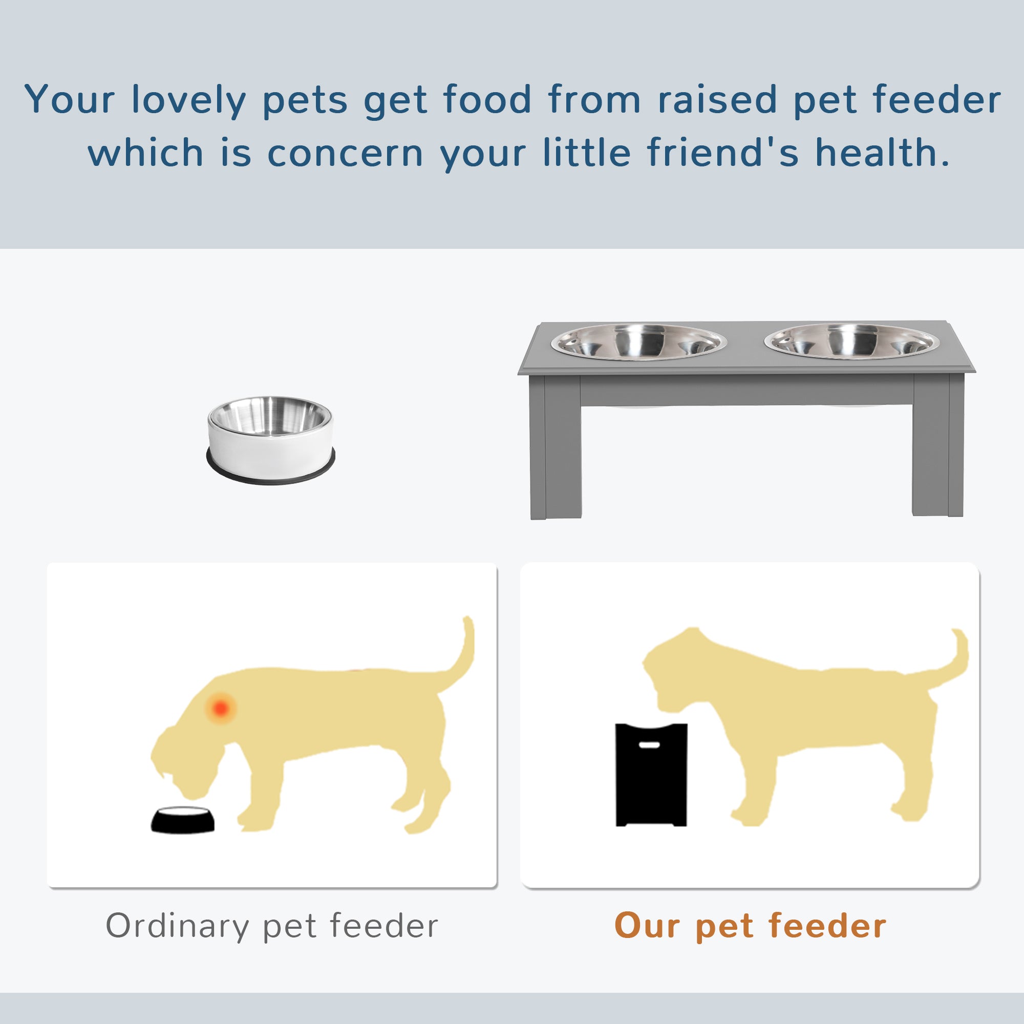 Raised Dog Bowl Feeding Bowls with Stand for Extra Small and Small Dogs Elevated Pet Bowls Water Food Feeder 44L x 24W x 15H cm - Grey