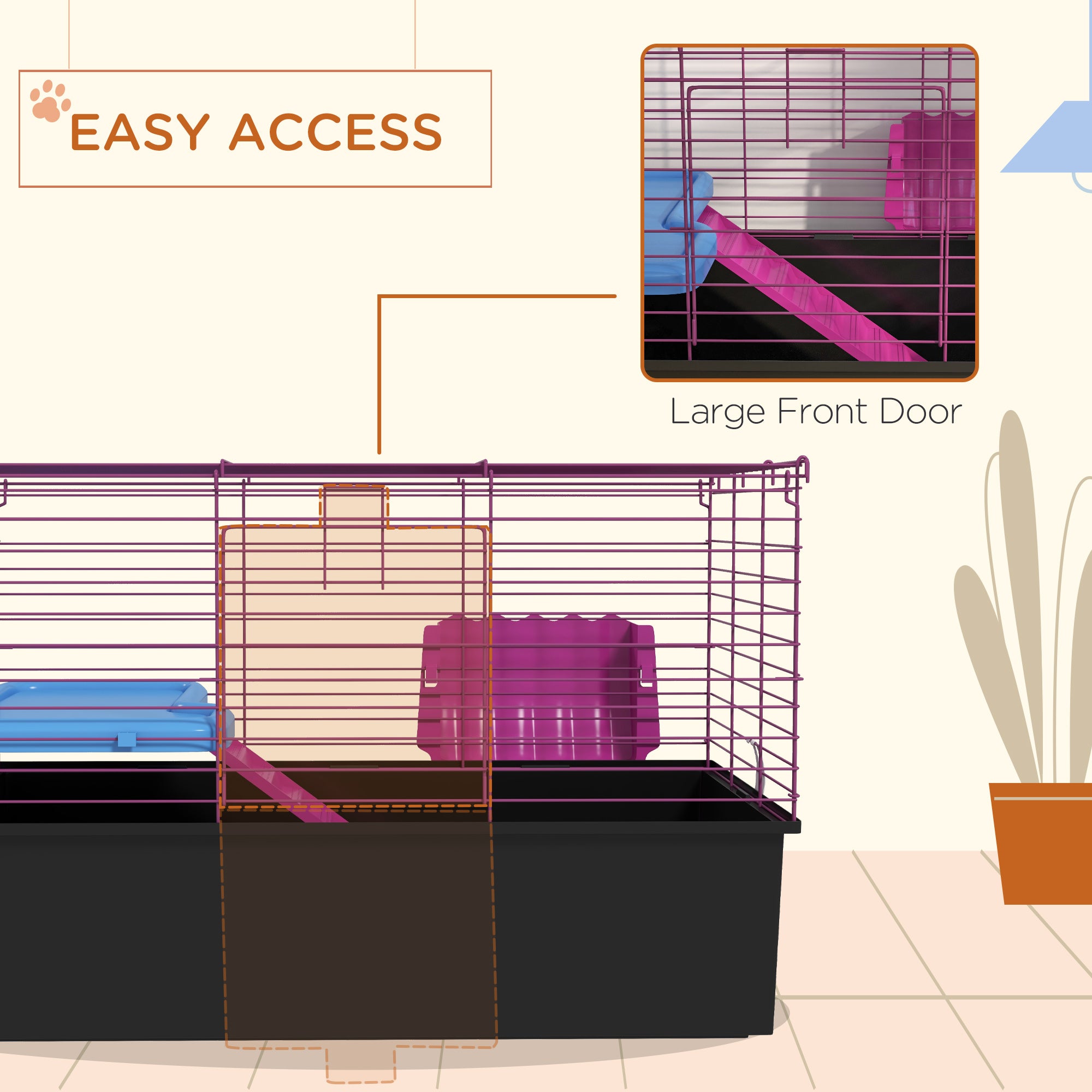 Guinea Pig Cage Chinchillas Rabbit Small Animal Cage with Ramp, Dish, Water Bottle, 71 x 46 x 47cm, Black