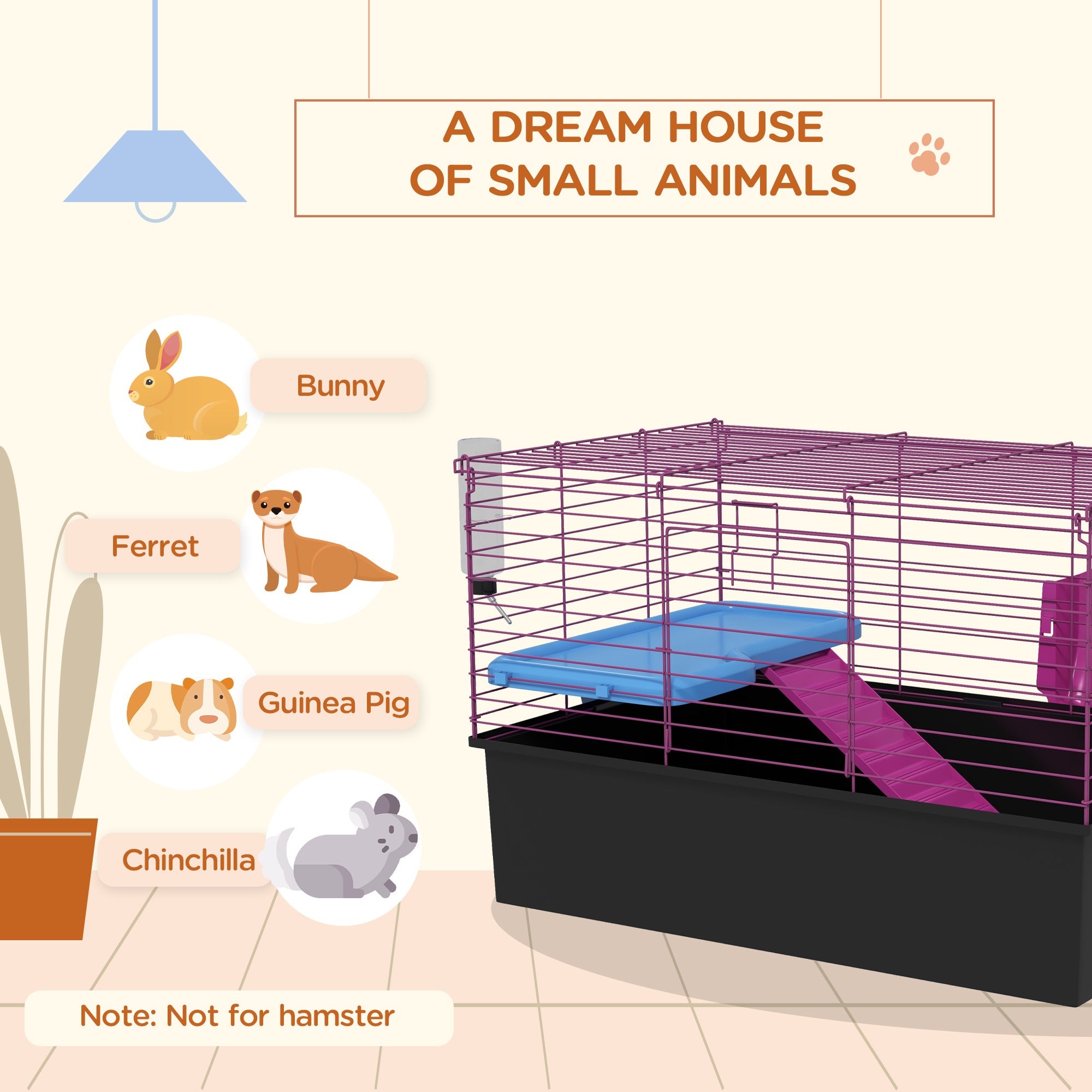 Guinea Pig Cage Chinchillas Rabbit Small Animal Cage with Ramp, Dish, Water Bottle, 71 x 46 x 47cm, Black