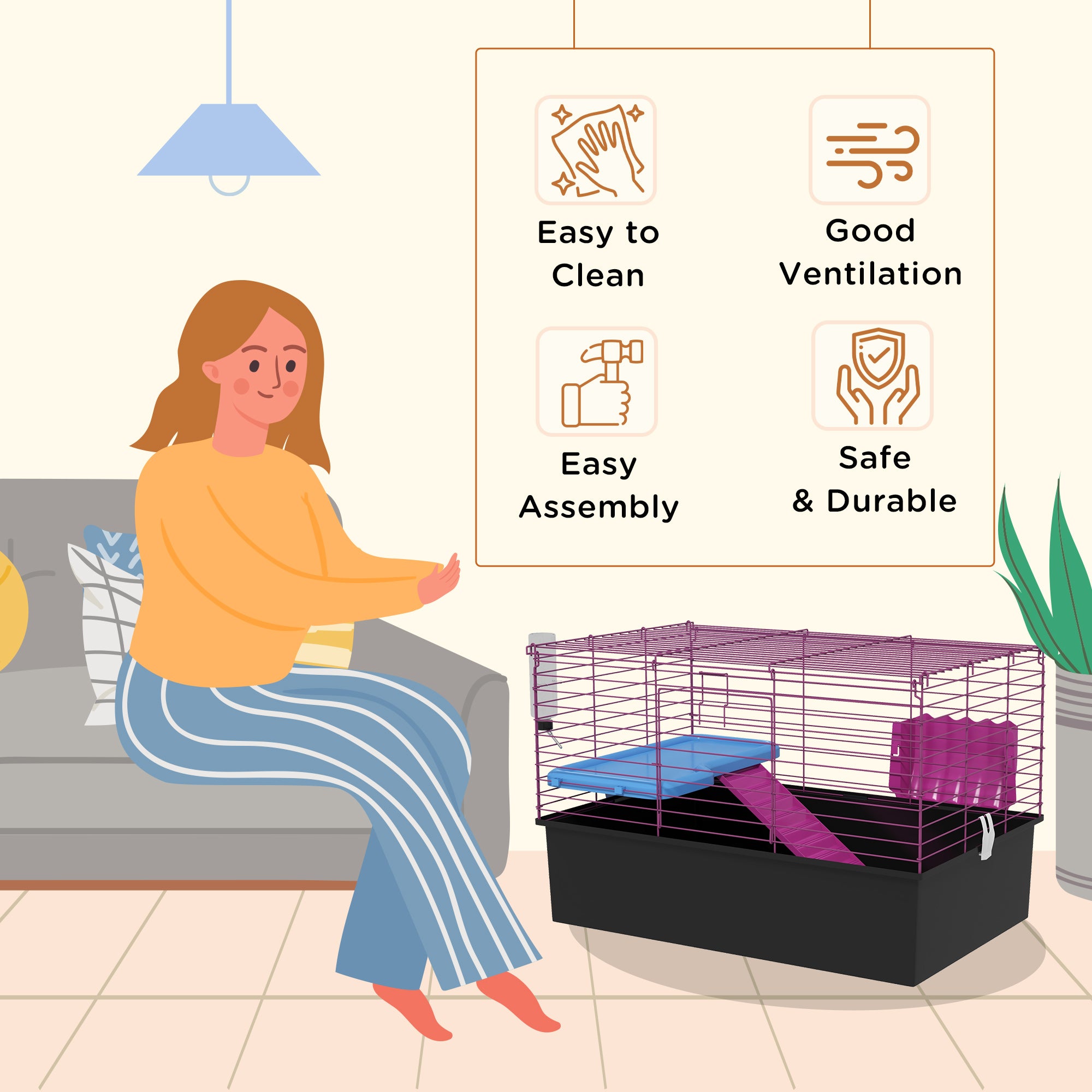 Guinea Pig Cage Chinchillas Rabbit Small Animal Cage with Ramp, Dish, Water Bottle, 71 x 46 x 47cm, Black