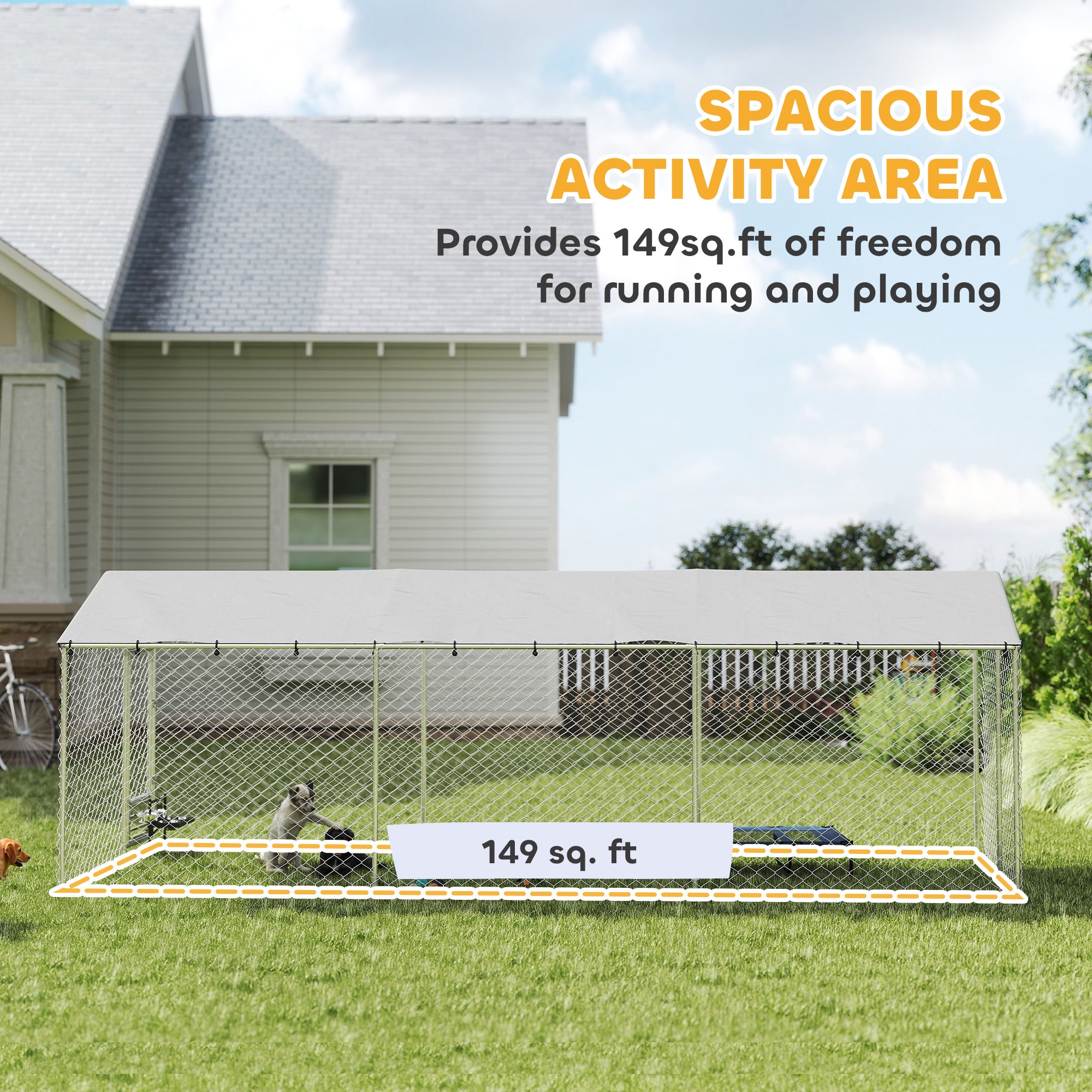 Outdoor Dog Kennel with Roof, 20' x 7.5' x 6.5' Chain Link Dog Run with Waterproof UV-Resistant Cover, Double Secure Locks, Adjustable Rotating Bowls, for Large Breeds, Chickens, Ducks, Geese