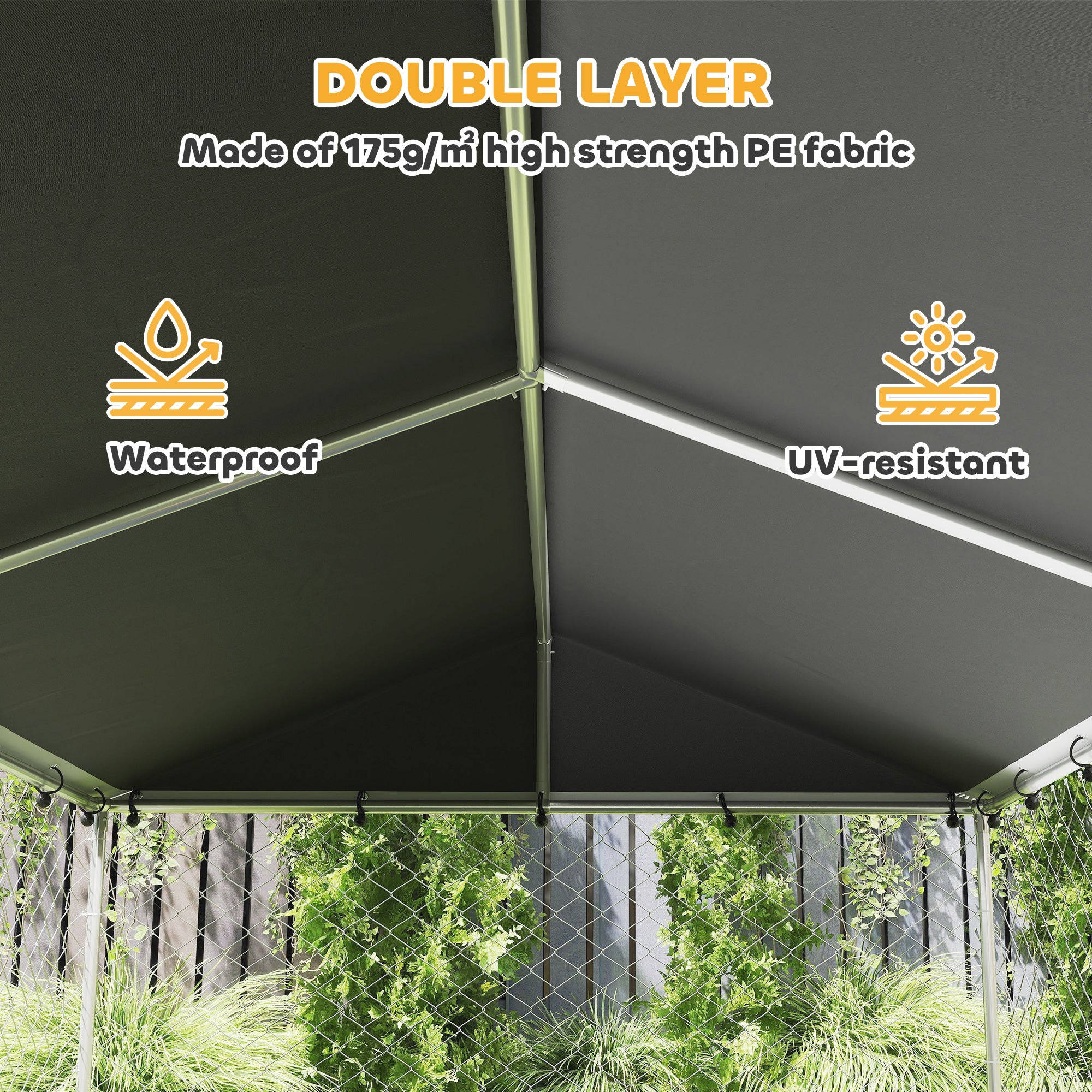 Outdoor Dog Kennel with Roof, 20' x 7.5' x 6.5' Chain Link Dog Run with Waterproof UV-Resistant Cover, Double Secure Locks, Adjustable Rotating Bowls, for Large Breeds, Chickens, Ducks, Geese