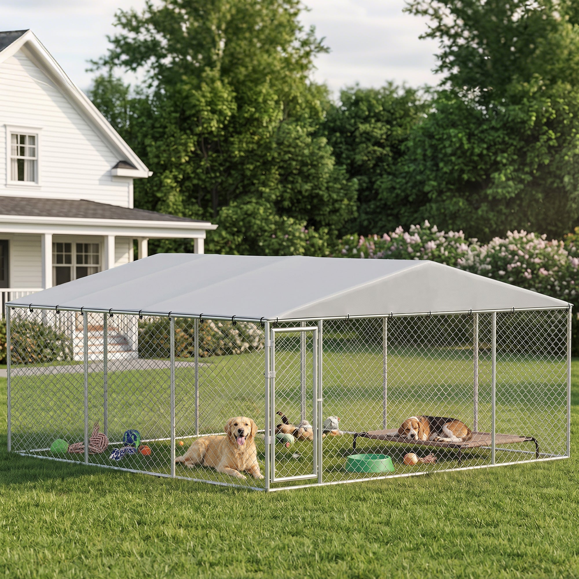 Extra Large Outdoor Dog Kennel Dog Run with Waterproof & UV Resistant Cover, Double Secure Locks, for Small and Medium Sized Dogs, 13.1' x 13.1' x 6.6', Silver