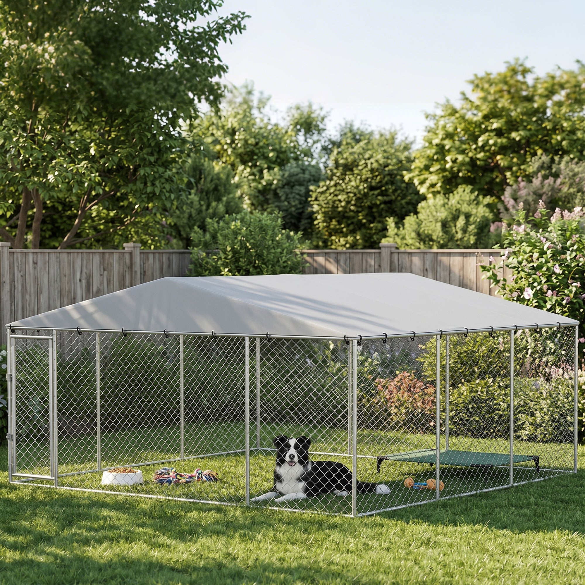 Extra Large Outdoor Dog Kennel Dog Run with Waterproof & UV Resistant Cover, Double Secure Locks, for Small and Medium Sized Dogs, 13.1' x 13.1' x 6.6', Silver
