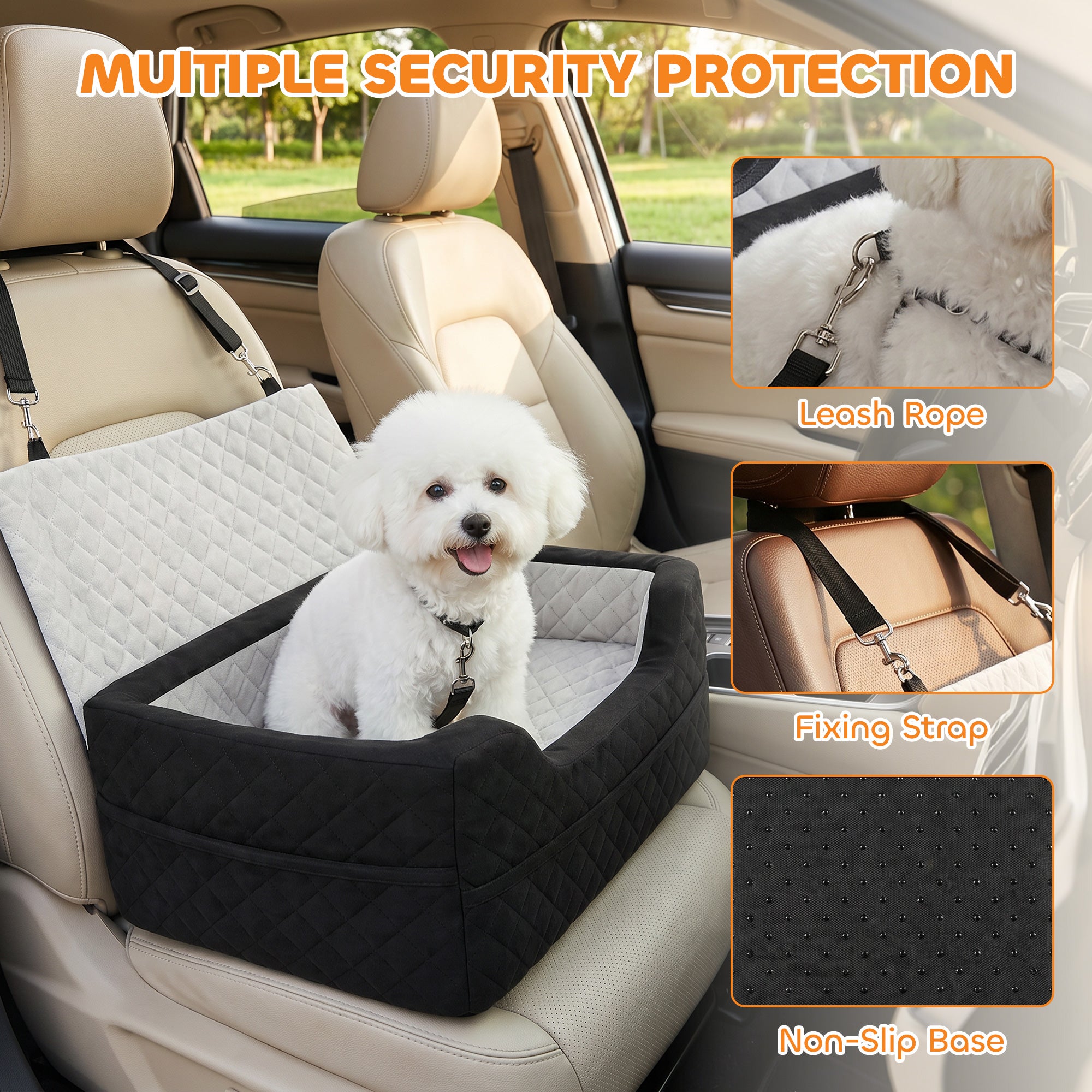Dog Car Seat, Dog Booster Car Seat for Small Breeds Under 10kg, Portable Pet Travel Bed Detachable Washable with Adjustable Safety Leash, Storage Pockets, Grey