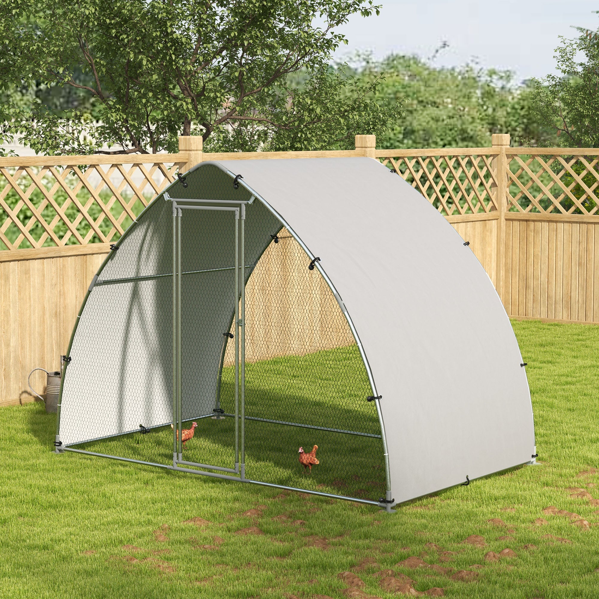 Walk In Chicken Run, Galvanised Chicken Coop Outdoor with Cover, Poultry Cage, for 8-12 Chickens, Hens, Ducks, Rabbits, 3 x 1.9 x 2.2m - Silver Tone