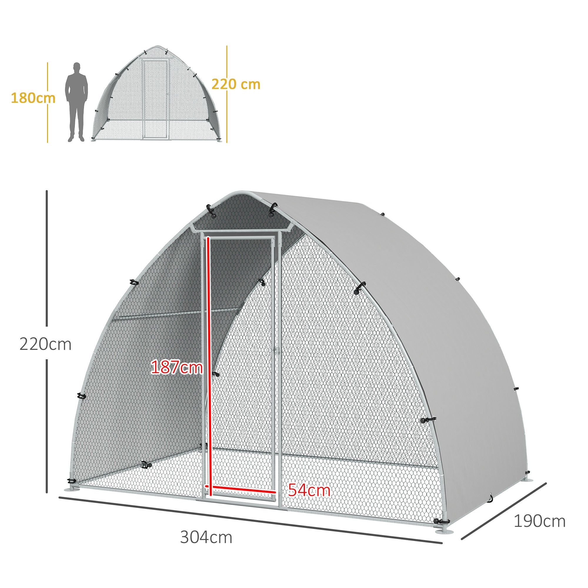 Walk In Chicken Run, Galvanised Chicken Coop Outdoor with Cover, Poultry Cage, for 8-12 Chickens, Hens, Ducks, Rabbits, 3 x 1.9 x 2.2m - Silver Tone