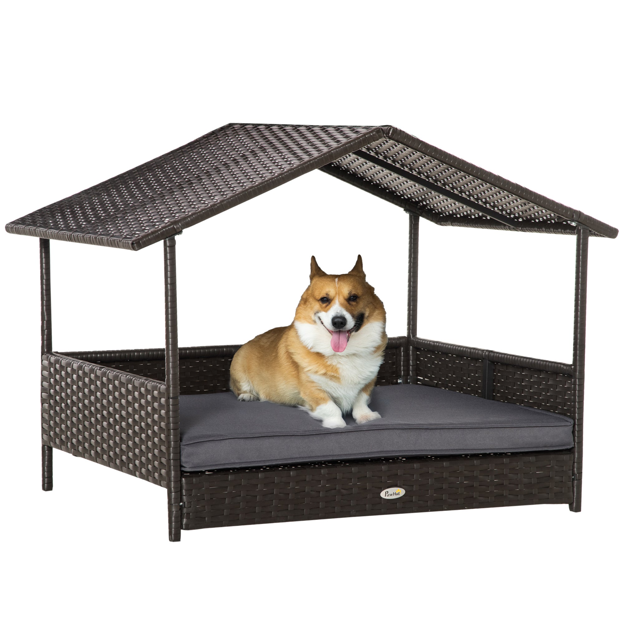 Elevated Rattan Dog House Outdoor with Canopy, Wicker Dog Bed with Water-Resistant Cushion, for Small and Medium Dogs Grey