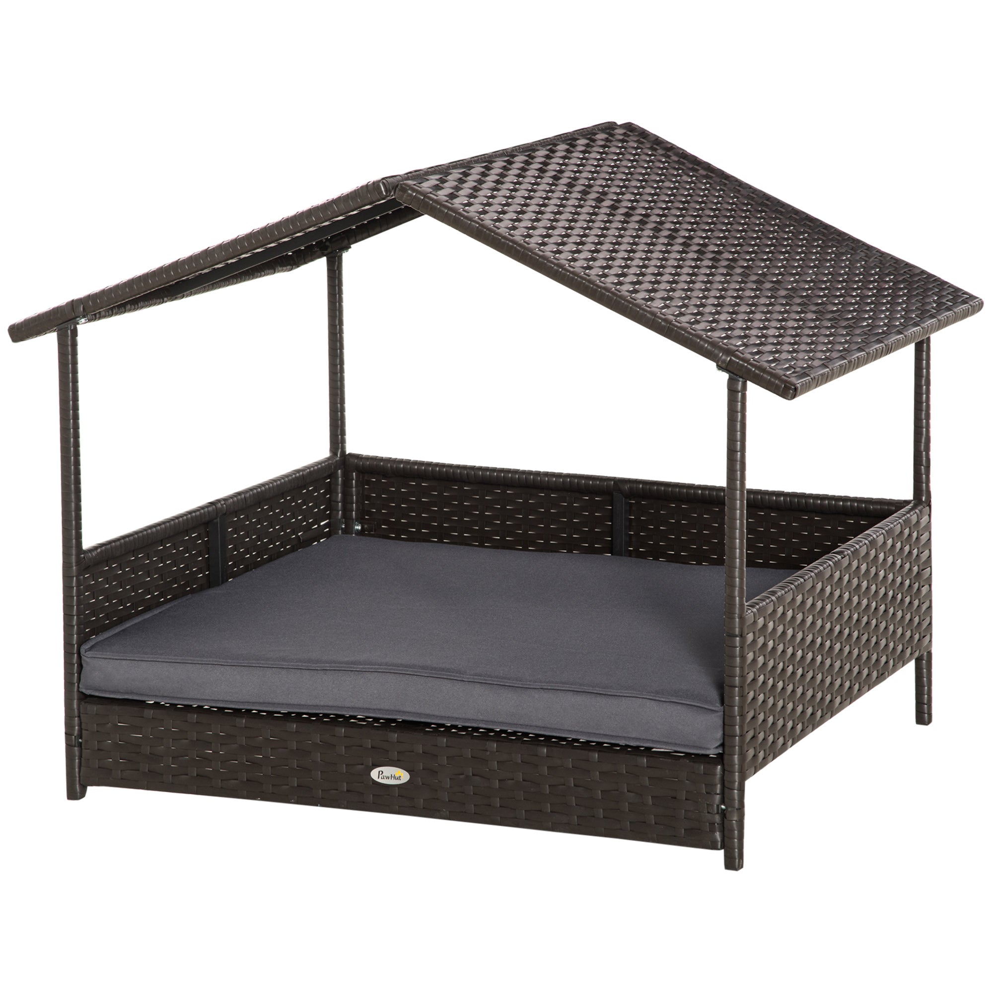 Elevated Rattan Dog House Outdoor with Canopy, Wicker Dog Bed with Water-Resistant Cushion, for Small and Medium Dogs Grey
