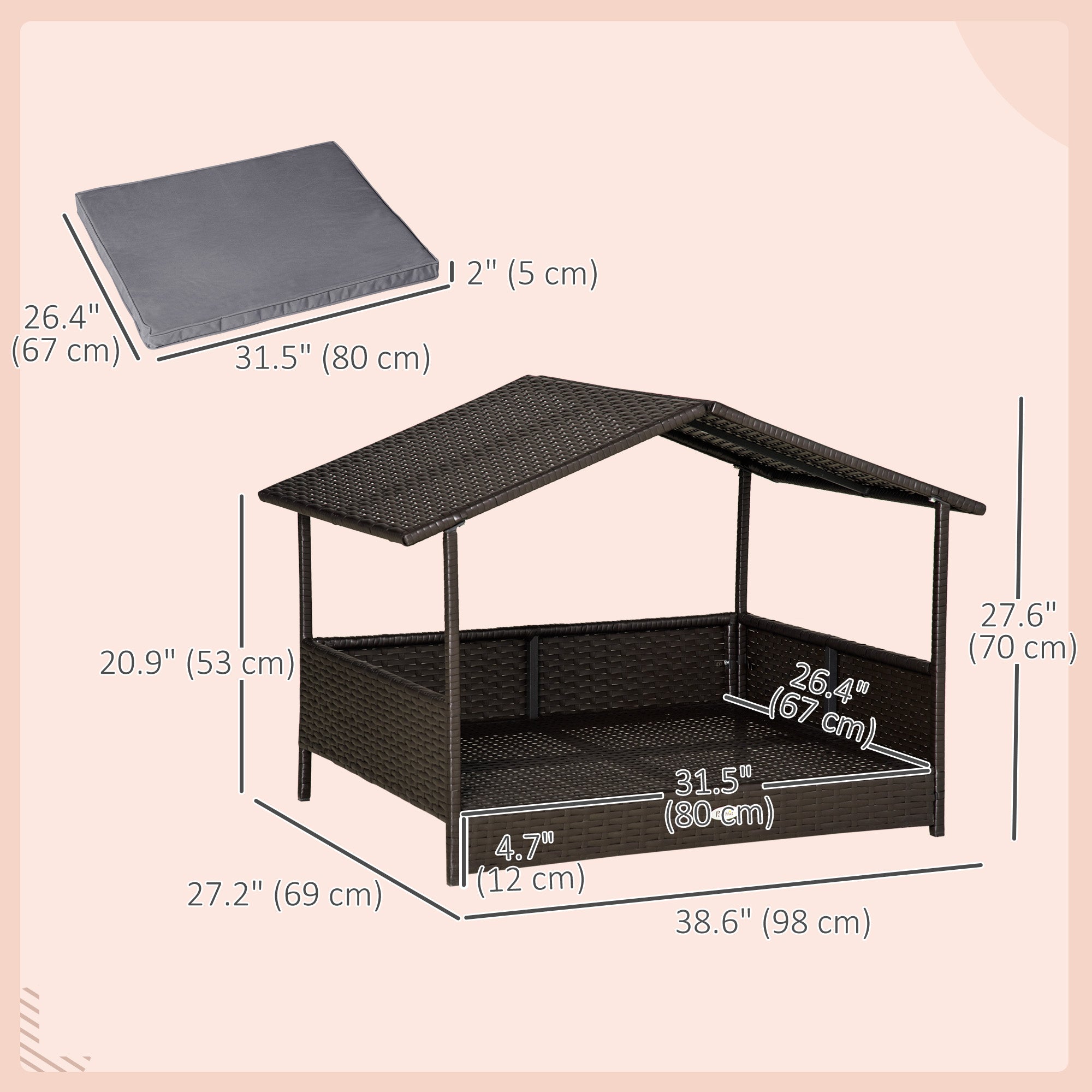 Elevated Rattan Dog House Outdoor with Canopy, Wicker Dog Bed with Water-Resistant Cushion, for Small and Medium Dogs Grey