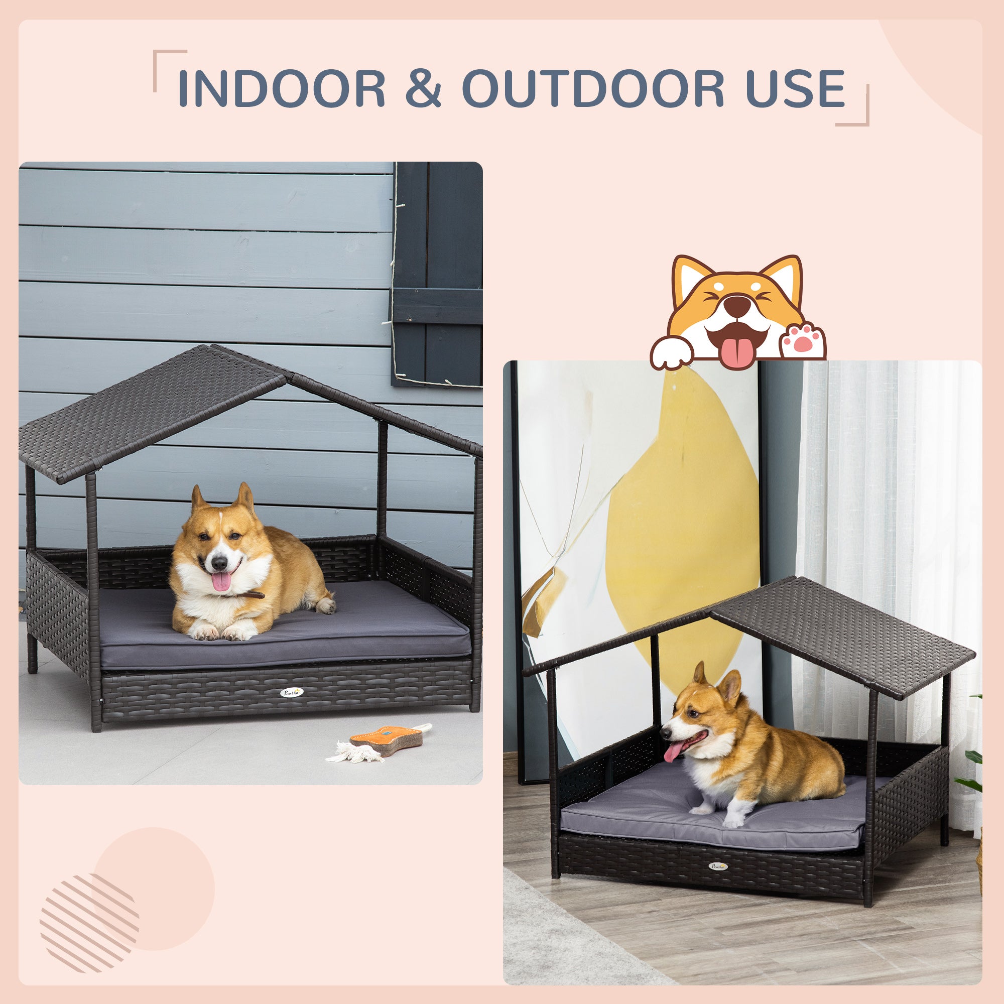 Elevated Rattan Dog House Outdoor with Canopy, Wicker Dog Bed with Water-Resistant Cushion, for Small and Medium Dogs Grey