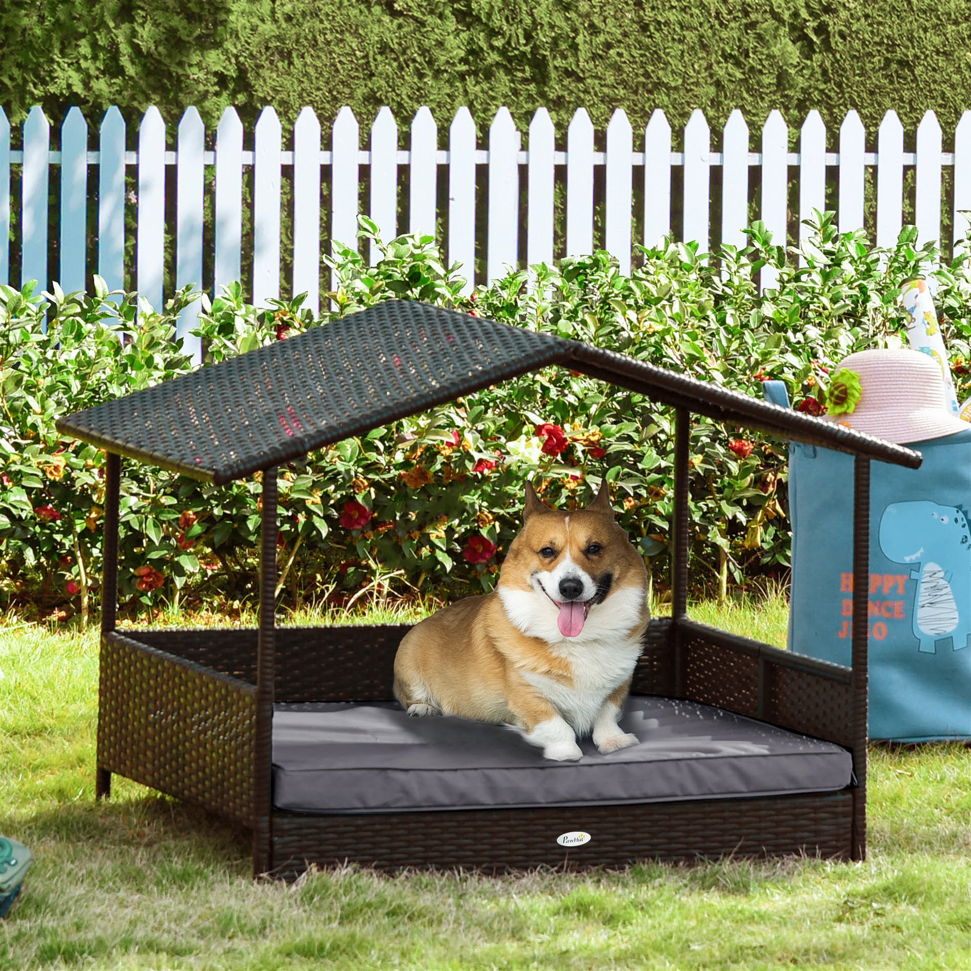 Elevated Rattan Dog House Outdoor with Canopy, Wicker Dog Bed with Water-Resistant Cushion, for Small and Medium Dogs Grey