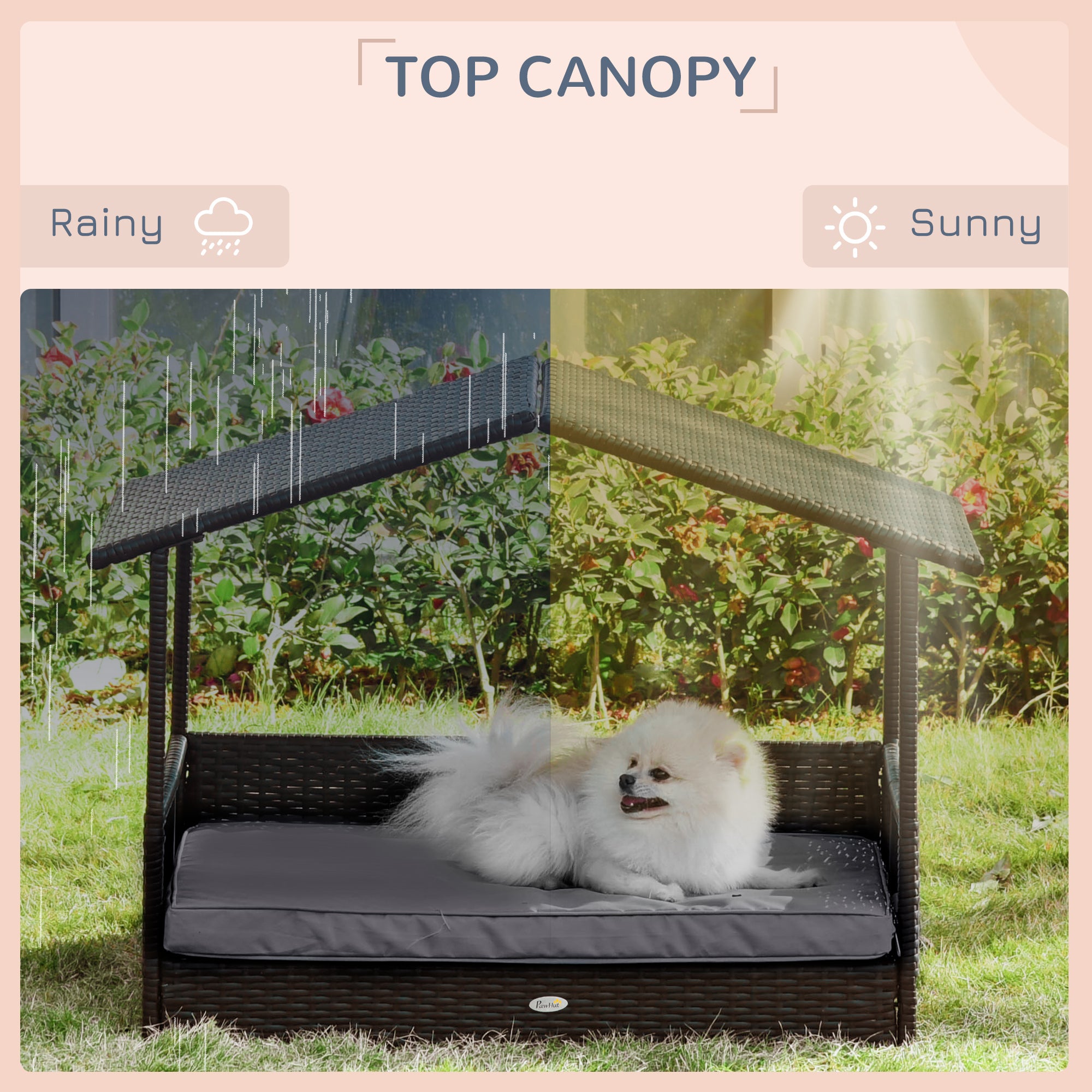 Elevated Rattan Dog House Outdoor with Canopy, Wicker Dog Bed with Water-Resistant Cushion, for Small and Medium Dogs Grey