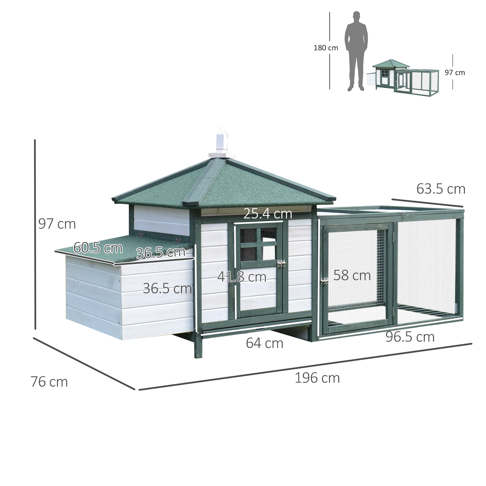 Chicken Coop with Chicken Run, Outdoor Hen House Poultry Cage with Nesting Box, Openable Top, 196 x 76 x 97cm, Green