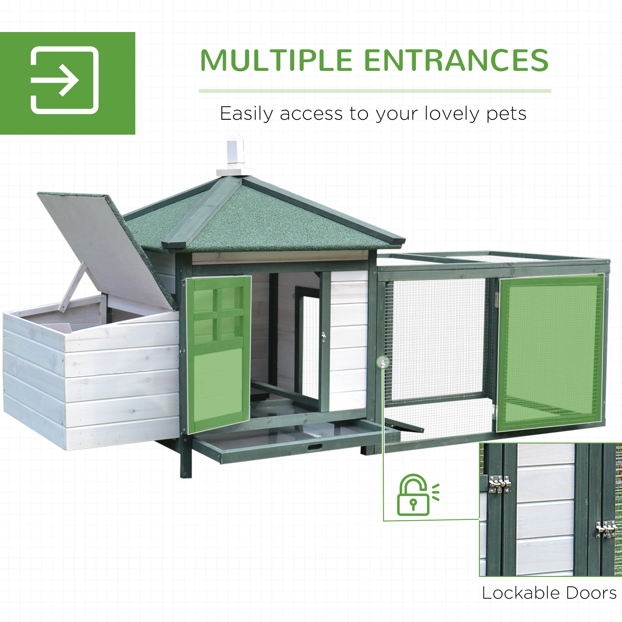 Chicken Coop with Chicken Run, Outdoor Hen House Poultry Cage with Nesting Box, Openable Top, 196 x 76 x 97cm, Green