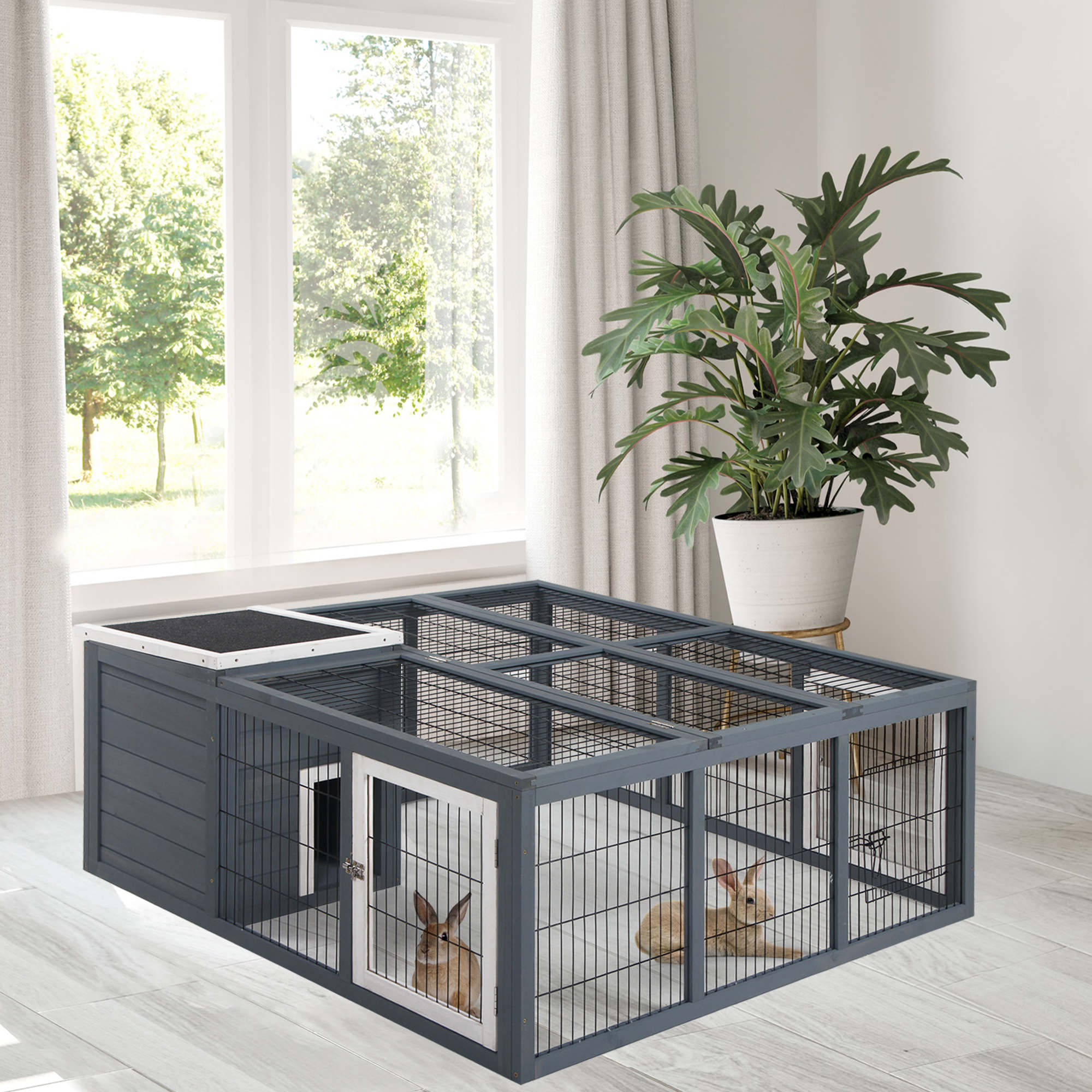 PawHut Rabbit Hutch Bunny Cage with Openable Main House, Indoor Outdoor Waterproof Rabbit House, Guinea Pig Cage for Small Animals with Three Ventilation Doors, Gray