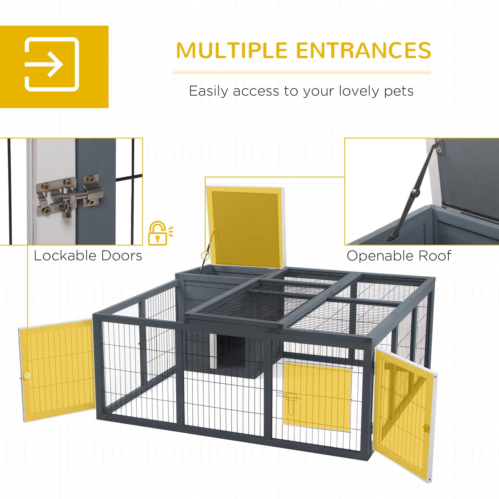 PawHut Rabbit Hutch Bunny Cage with Openable Main House, Indoor Outdoor Waterproof Rabbit House, Guinea Pig Cage for Small Animals with Three Ventilation Doors, Gray