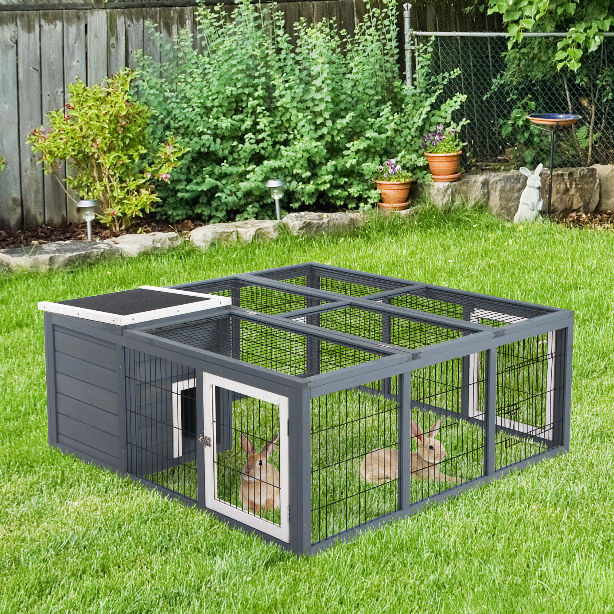 PawHut Rabbit Hutch Bunny Cage with Openable Main House, Indoor Outdoor Waterproof Rabbit House, Guinea Pig Cage for Small Animals with Three Ventilation Doors, Gray