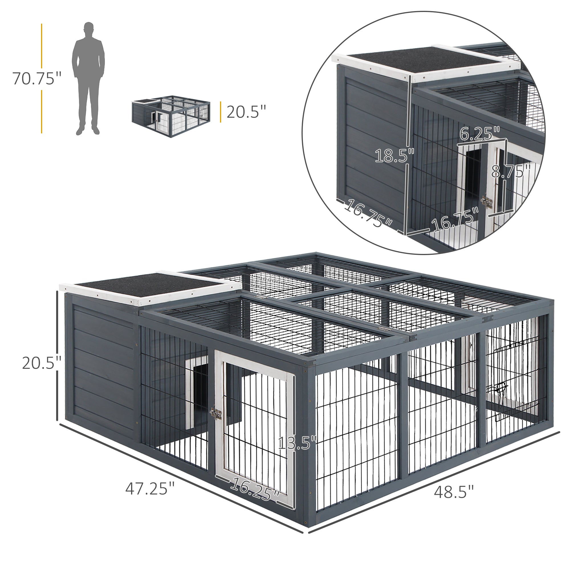 PawHut Rabbit Hutch Bunny Cage with Openable Main House, Indoor Outdoor Waterproof Rabbit House, Guinea Pig Cage for Small Animals with Three Ventilation Doors, Gray