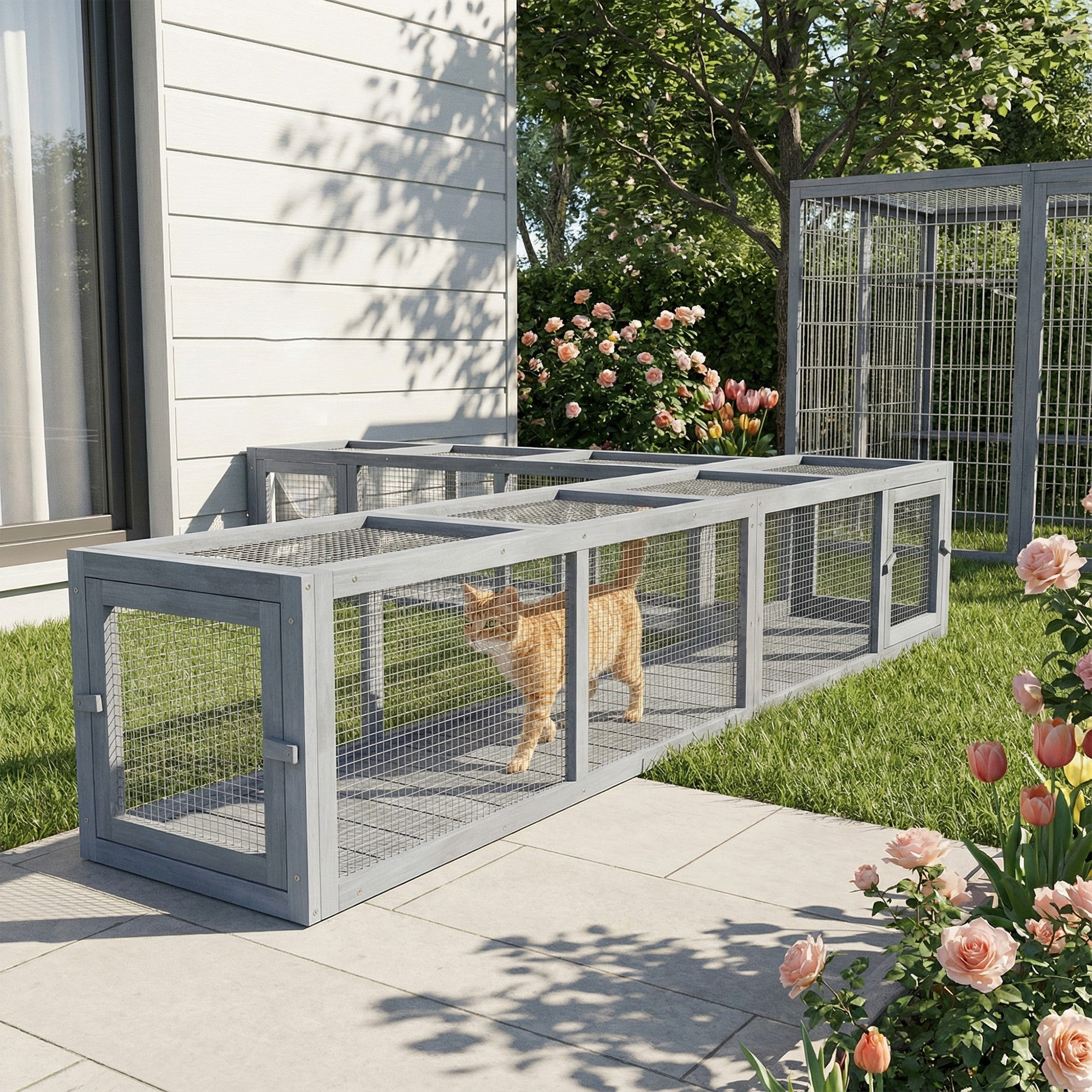 Outdoor Cat Tunnel with Extendable Design, 79" L Wooden Cat Run with Weather Protection, Connecting Inside and Outside, for Deck Patios, Balconies, Dark Gray