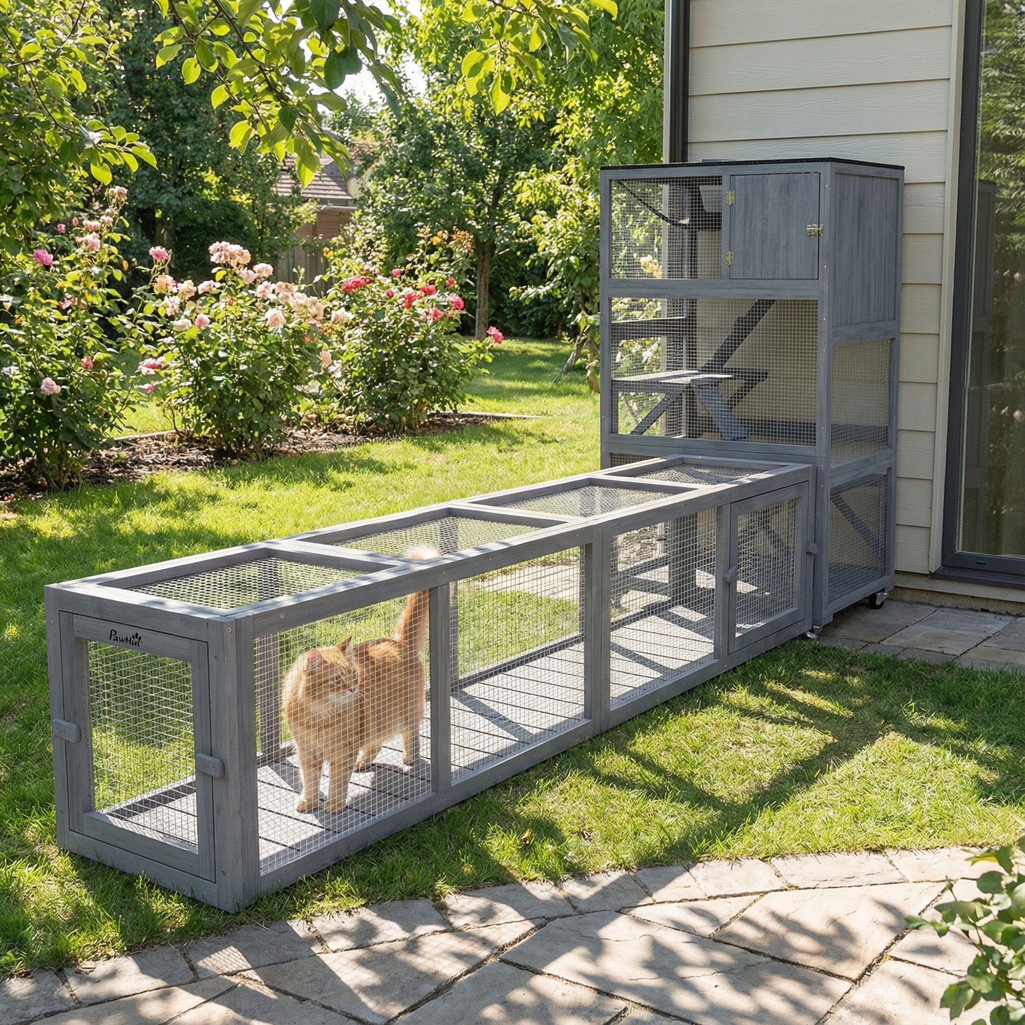Outdoor Cat Tunnel with Extendable Design, 79" L Wooden Cat Run with Weather Protection, Connecting Inside and Outside, for Deck Patios, Balconies, Dark Gray