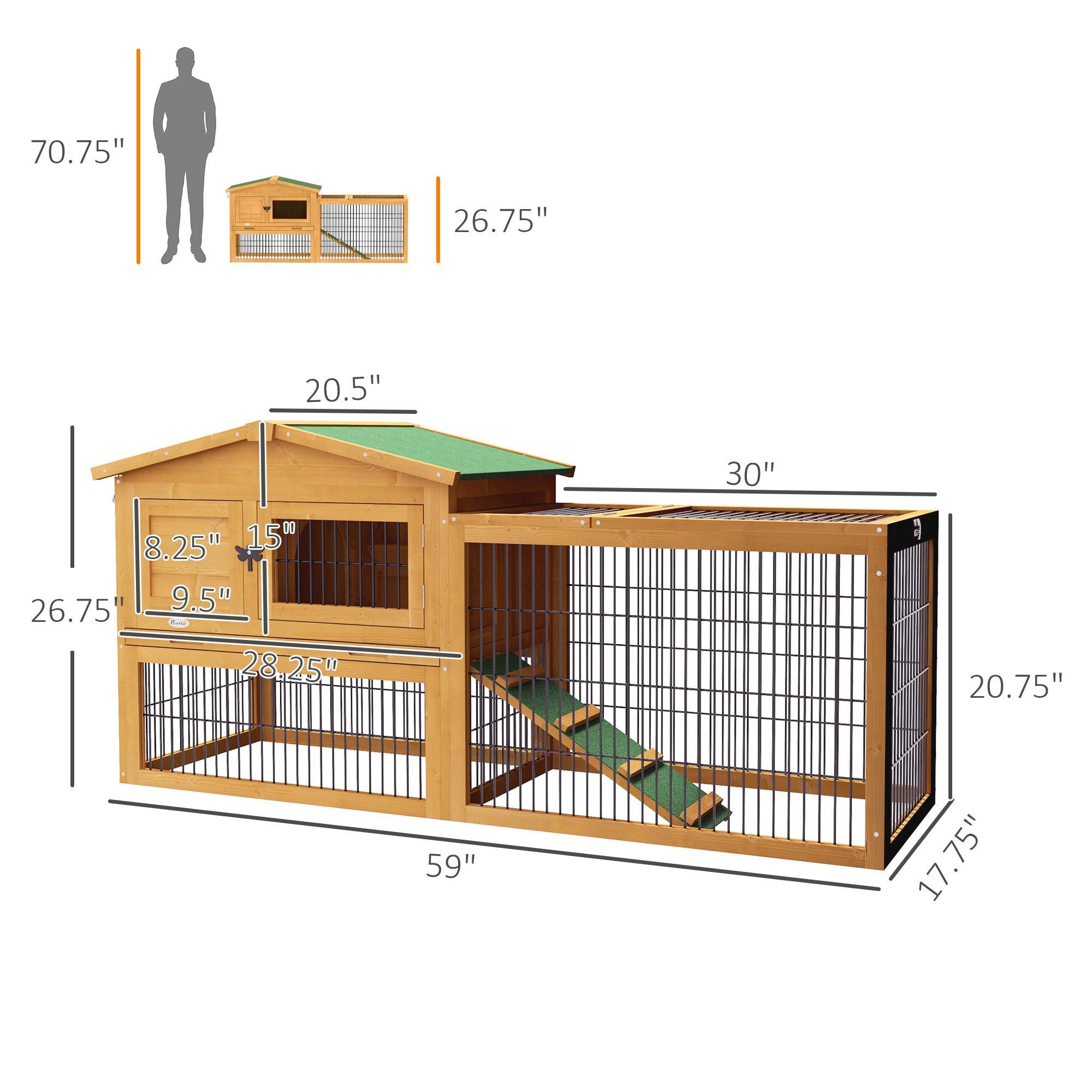 PawHut 2 Levels Outdoor Rabbit Hutch with Openable Top, 59" Wooden Large Rabbit Cage with Run Weatherproof Roof, Removable Tray, Ramp, Yellow