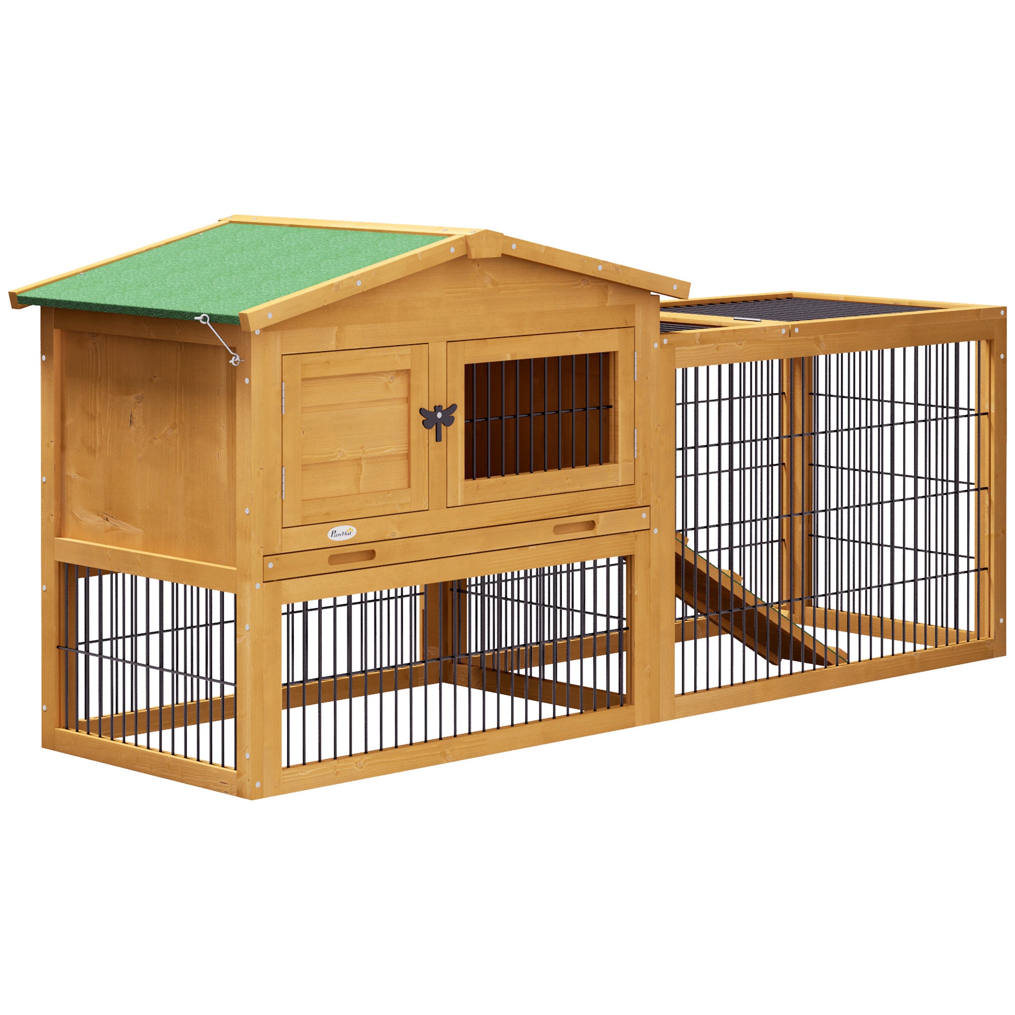 PawHut 2 Levels Outdoor Rabbit Hutch with Openable Top, 59" Wooden Large Rabbit Cage with Run Weatherproof Roof, Removable Tray, Ramp, Yellow