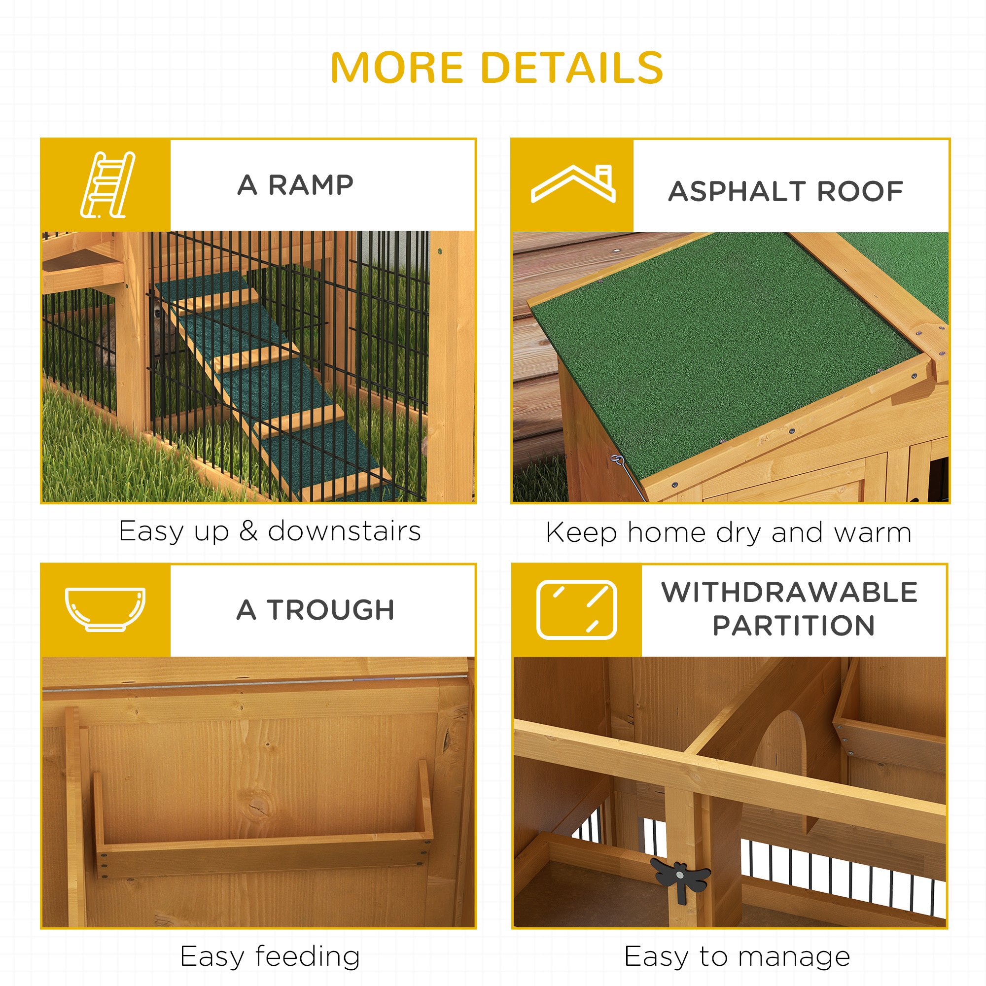 PawHut 2 Levels Outdoor Rabbit Hutch with Openable Top, 59" Wooden Large Rabbit Cage with Run Weatherproof Roof, Removable Tray, Ramp, Yellow