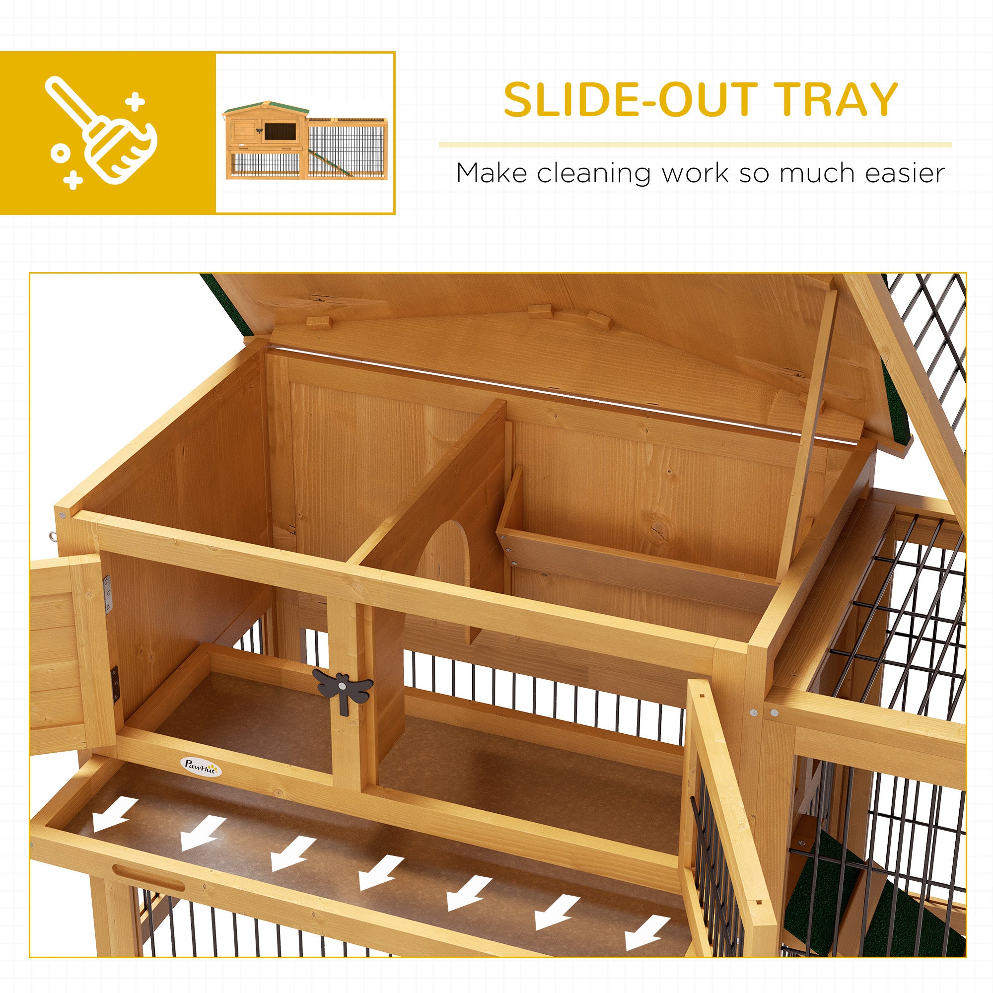 PawHut 2 Levels Outdoor Rabbit Hutch with Openable Top, 59" Wooden Large Rabbit Cage with Run Weatherproof Roof, Removable Tray, Ramp, Yellow