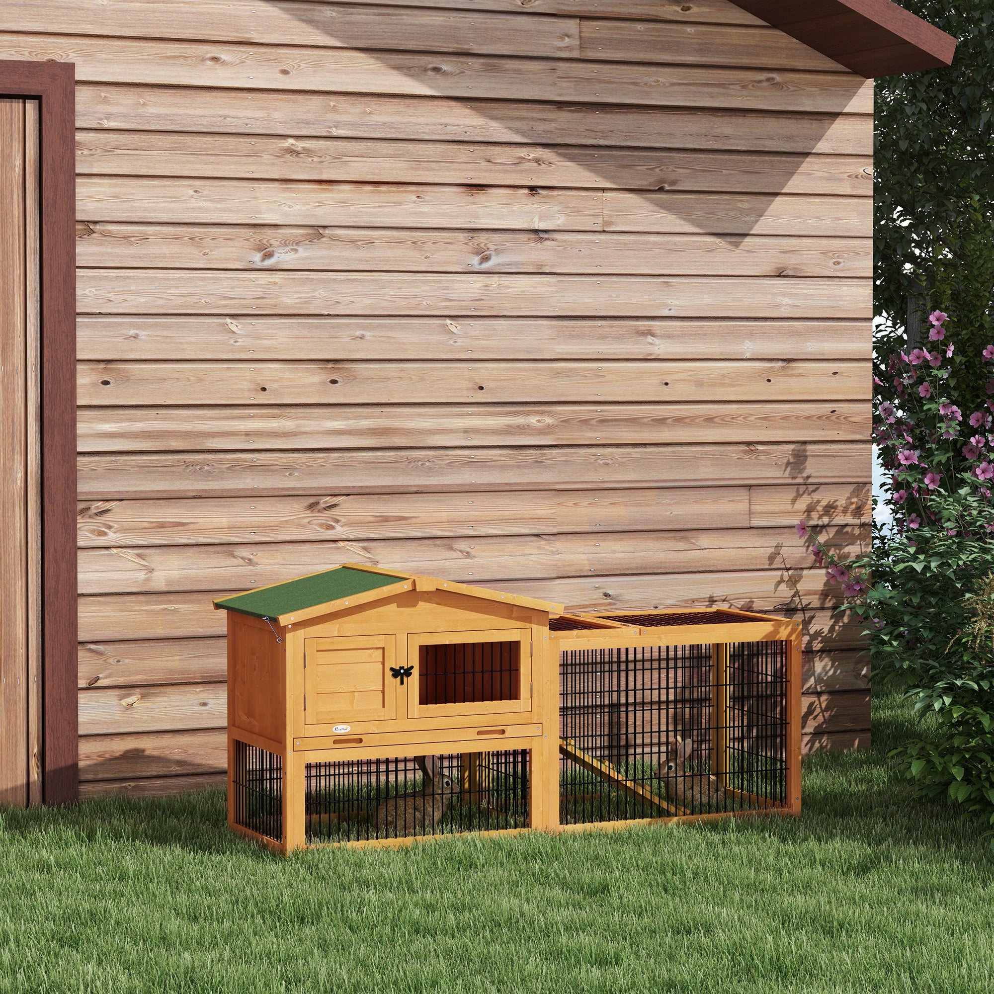 PawHut 2 Levels Outdoor Rabbit Hutch with Openable Top, 59" Wooden Large Rabbit Cage with Run Weatherproof Roof, Removable Tray, Ramp, Yellow