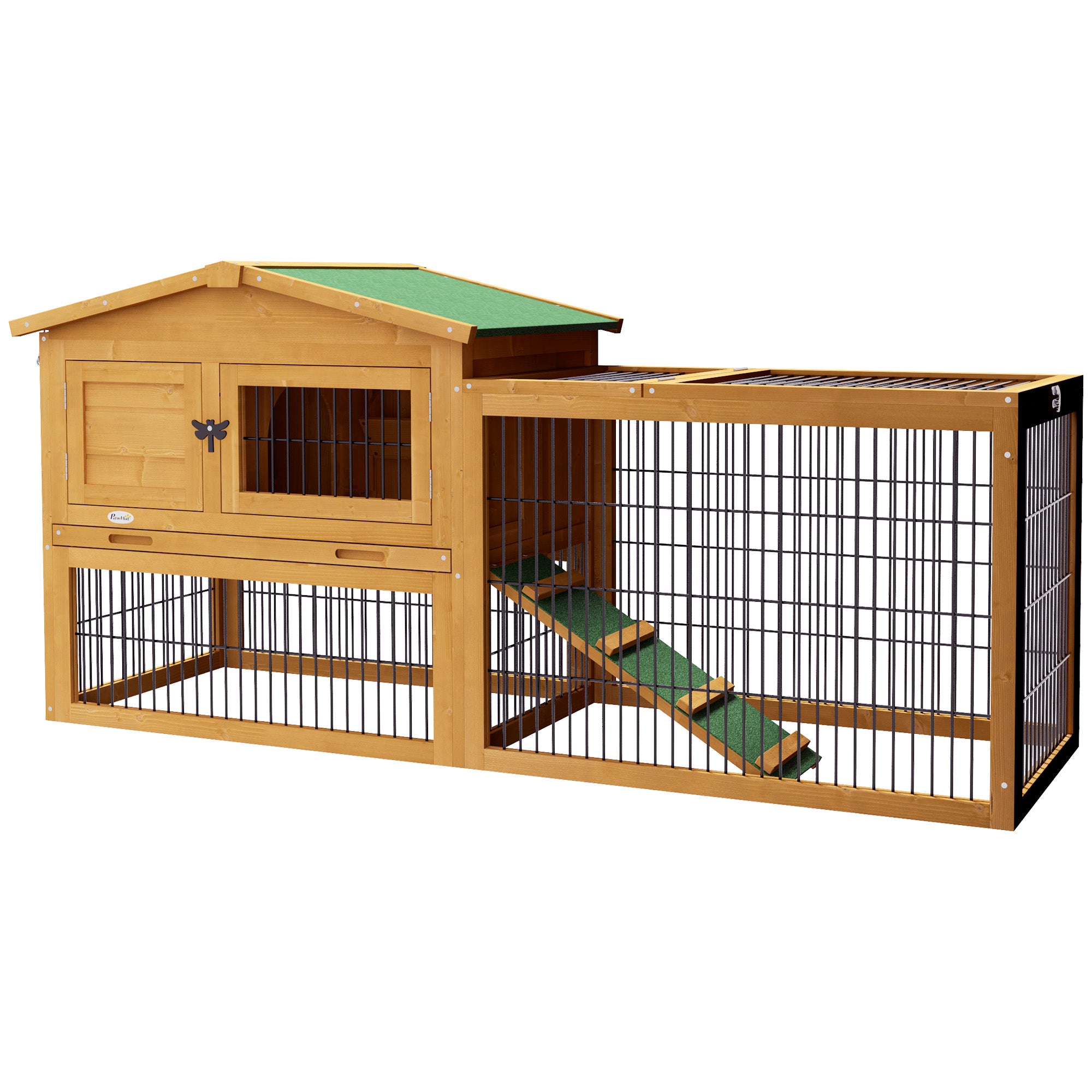 PawHut 2 Levels Outdoor Rabbit Hutch with Openable Top, 59" Wooden Large Rabbit Cage with Run Weatherproof Roof, Removable Tray, Ramp, Yellow