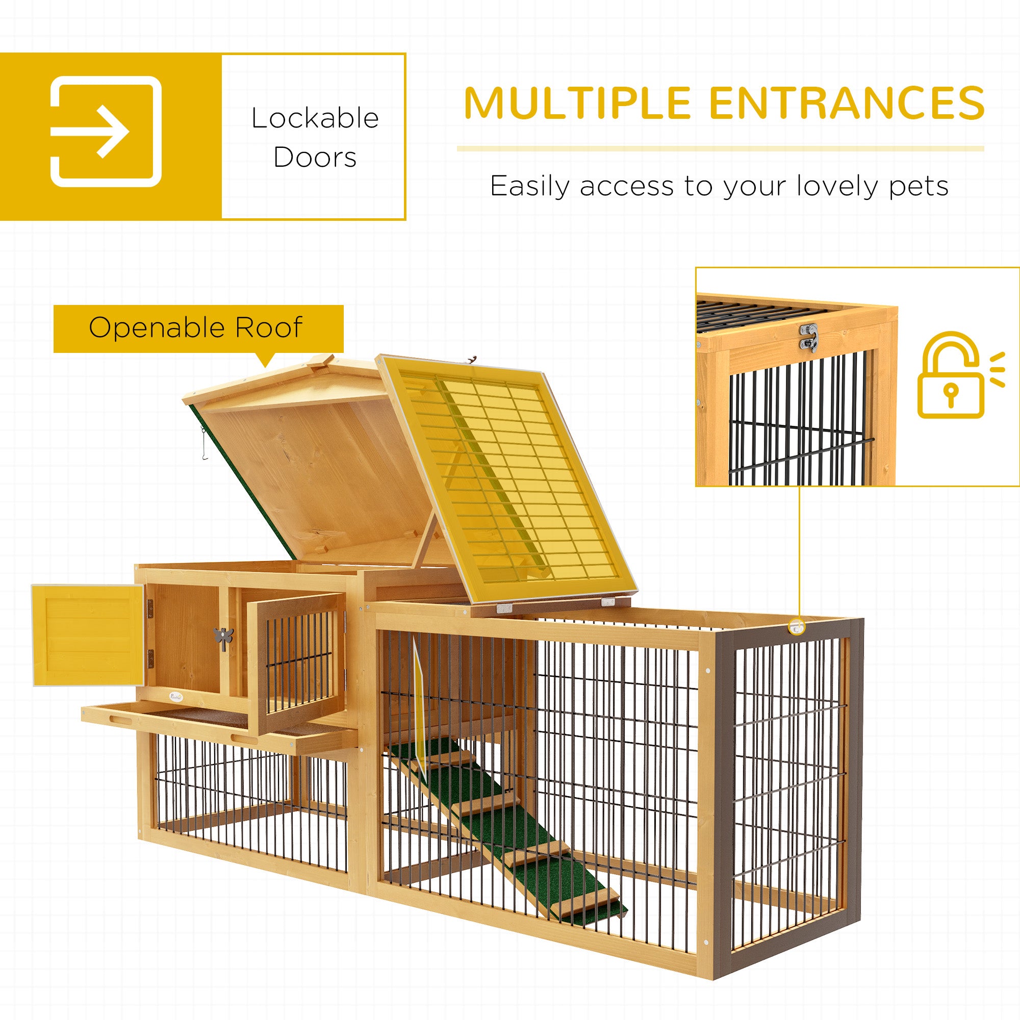 PawHut 2 Levels Outdoor Rabbit Hutch with Openable Top, 59" Wooden Large Rabbit Cage with Run Weatherproof Roof, Removable Tray, Ramp, Yellow