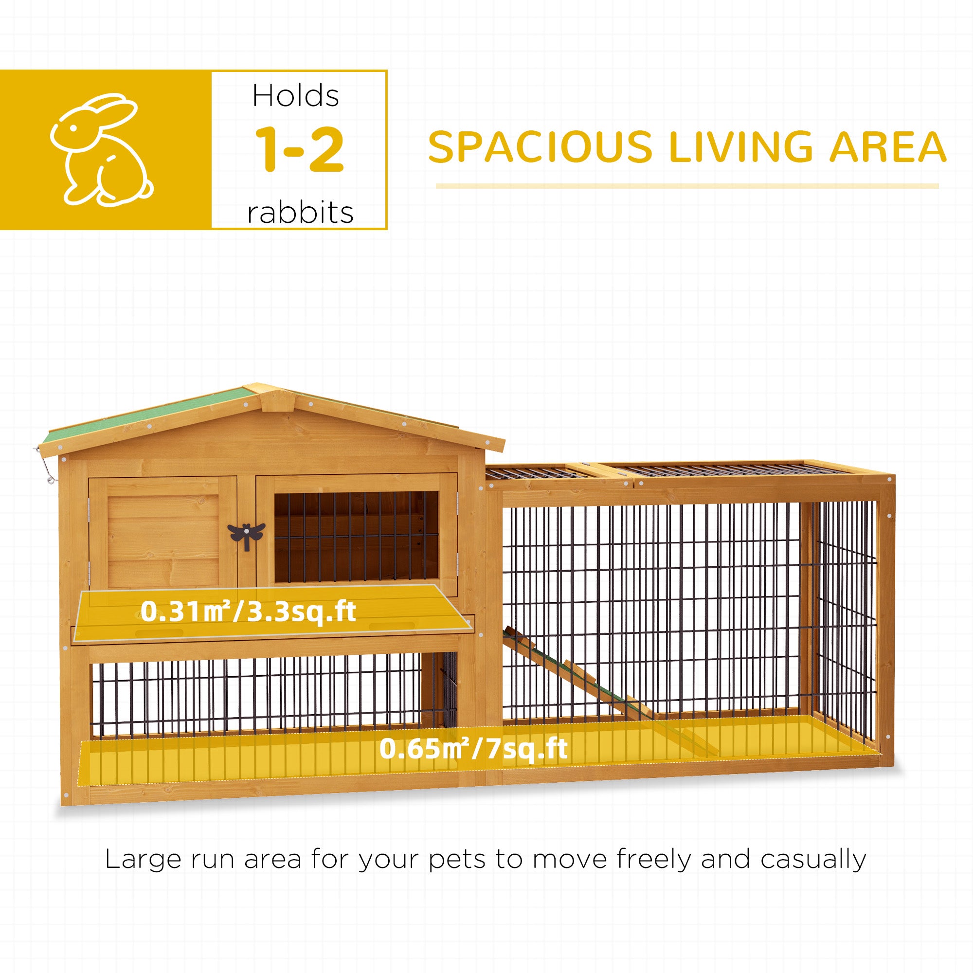 PawHut 2 Levels Outdoor Rabbit Hutch with Openable Top, 59" Wooden Large Rabbit Cage with Run Weatherproof Roof, Removable Tray, Ramp, Yellow